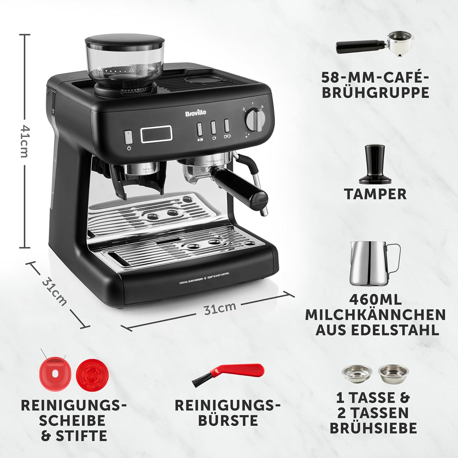 Breville Barista Max Siebträgermaschine | Espressomaschine/Kaffeemaschine mit integriertem Mahlwerk und Milchaufschäumer| 2,8-l-Wasserbehälter | Italienische Pumpe mit 15 Bar | Edelstahl [VCF126X]
