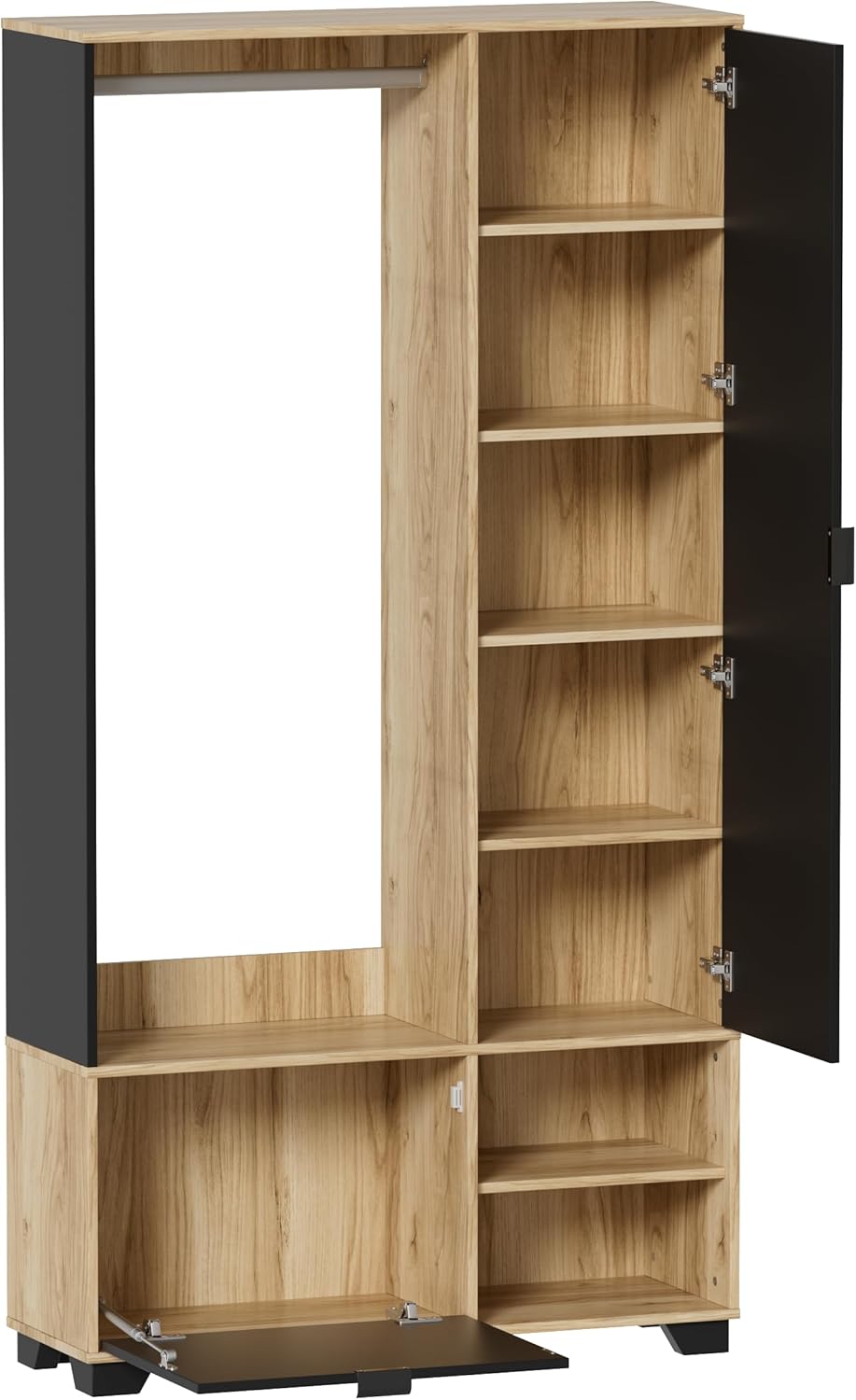 MSFE Entrance Wardrobe with 144 cm Mirror, Compact Wardrobe with Clothes Rail, Shoe Rack and Compartments, Wardrobe Set, Entrance Cabinet with Mirror, 100 x 33 x 190 H cm