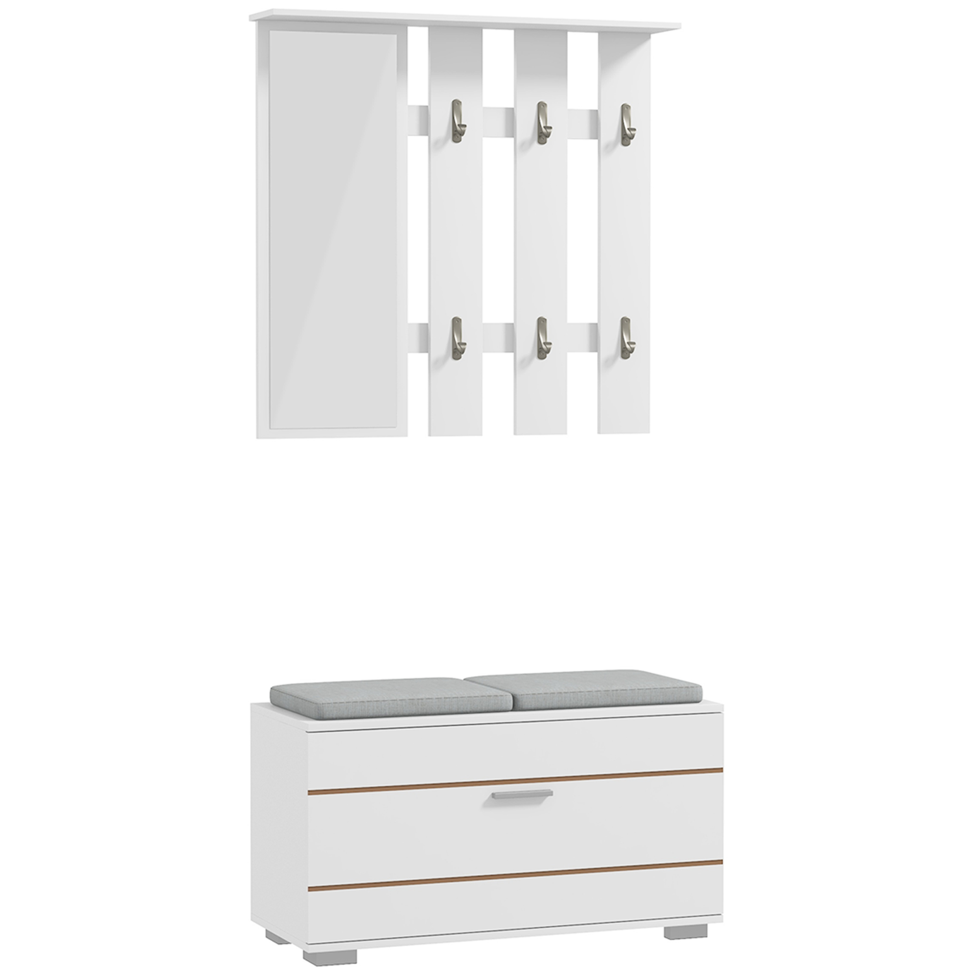 HOMCOM Set Möbel für den Eingangsbereich mit Garderobe, Spiegel, Bank mit Kissen und Schuhschrank für 8 Paar Schuhe, Weiß