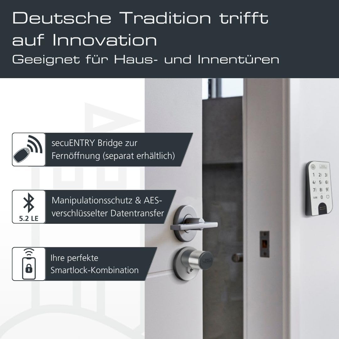 Elektronisches Türschloss secuENTRY easy 7602 FP mit Zylinder und Fingerprint-Keypad, Öffnung per App, Pincode oder Funkschlüssel, für Türstärken bis
