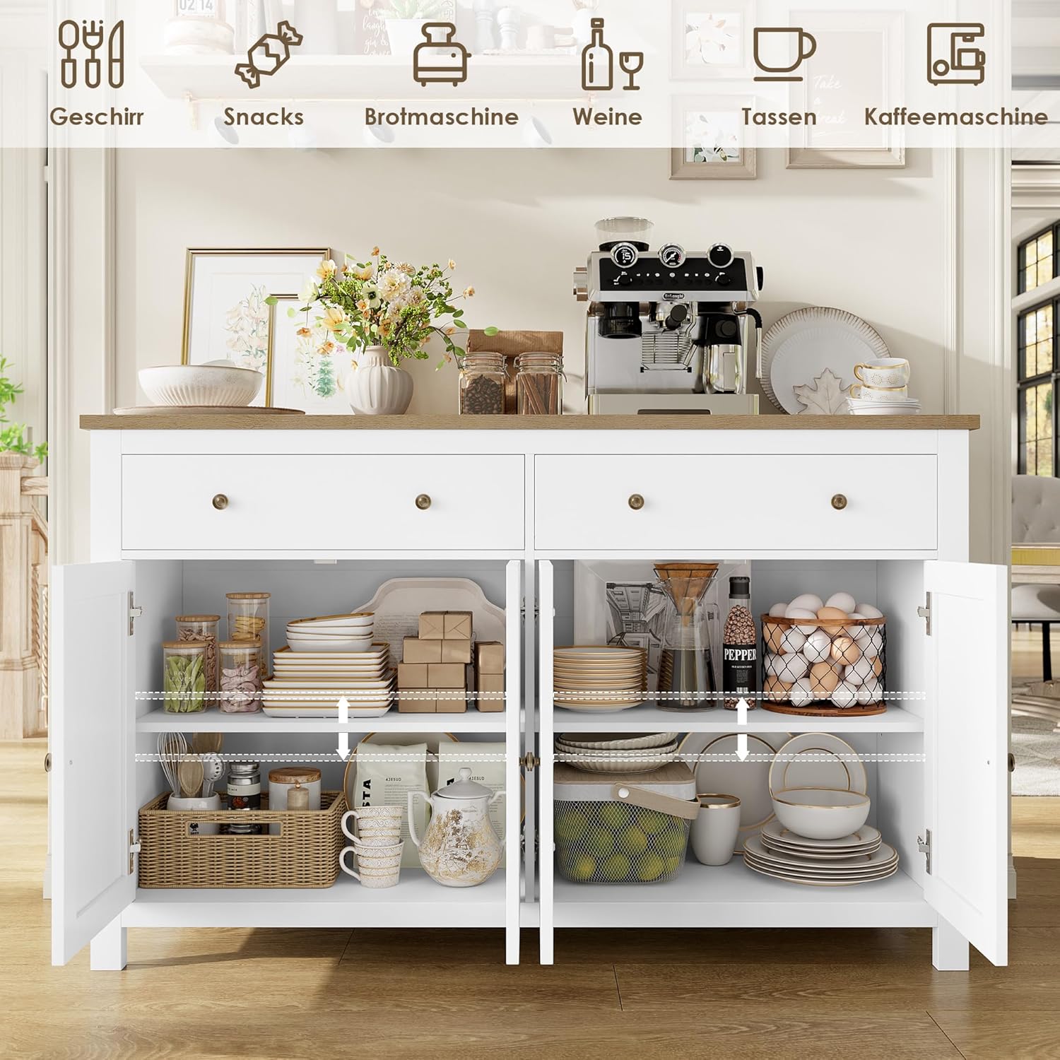 FirFurd Sideboard 140cm Breit Küchenschrank mit Arbeitsplatte Buffetschrank mit 2 Schubladen 4 Türen Küchenbuffet mit verstellbaren Ablagen für Wohnzimmer Küche Esszimmer 140x40x89 cm weiß