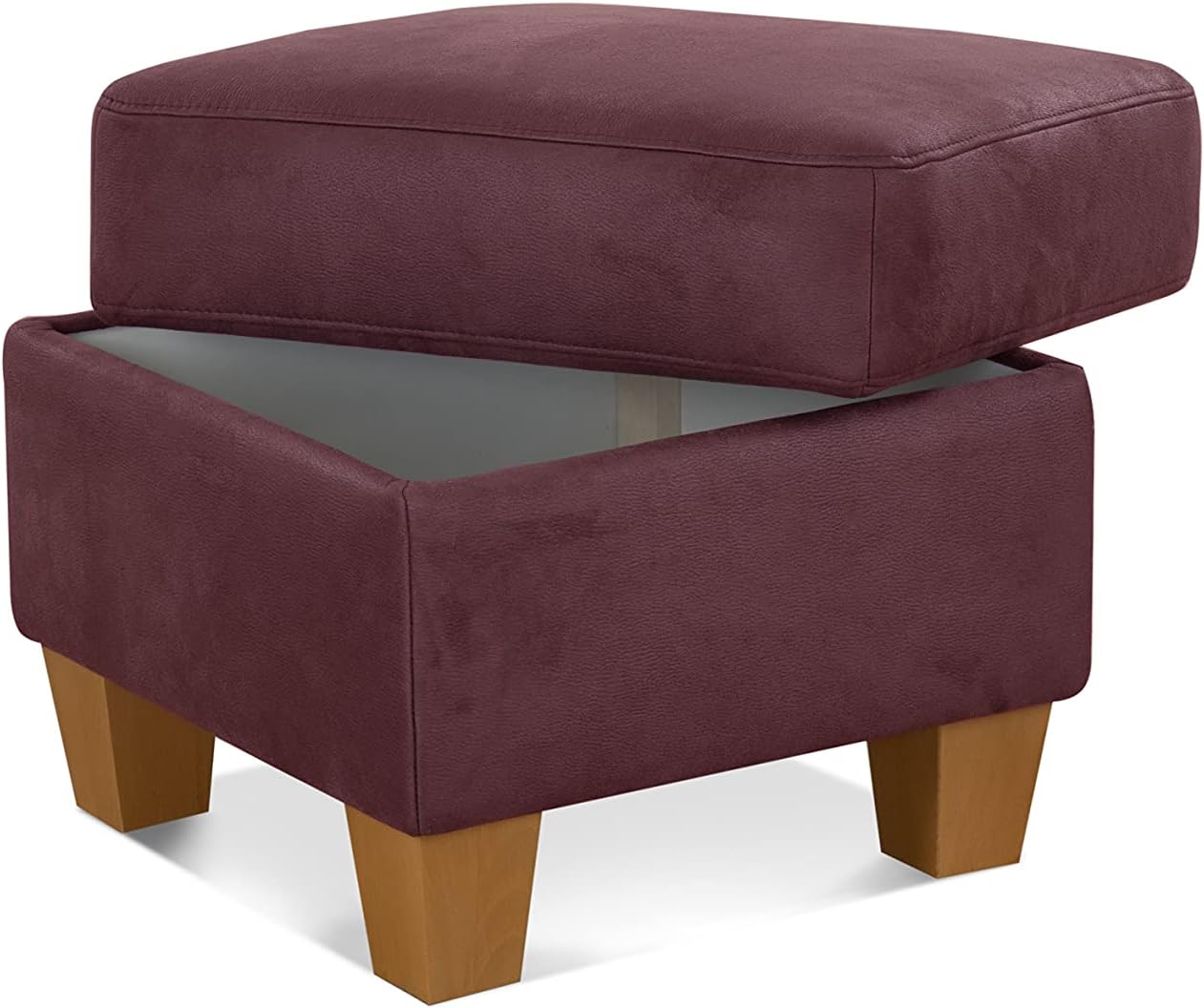 CAVADORE Hocker Ammerland/Stauraumhocker mit Holzfüßen, als Fußhocker oder Beistellhocker/58 x 48 x 58/ Wildlederoptik: Bordeaux Klein