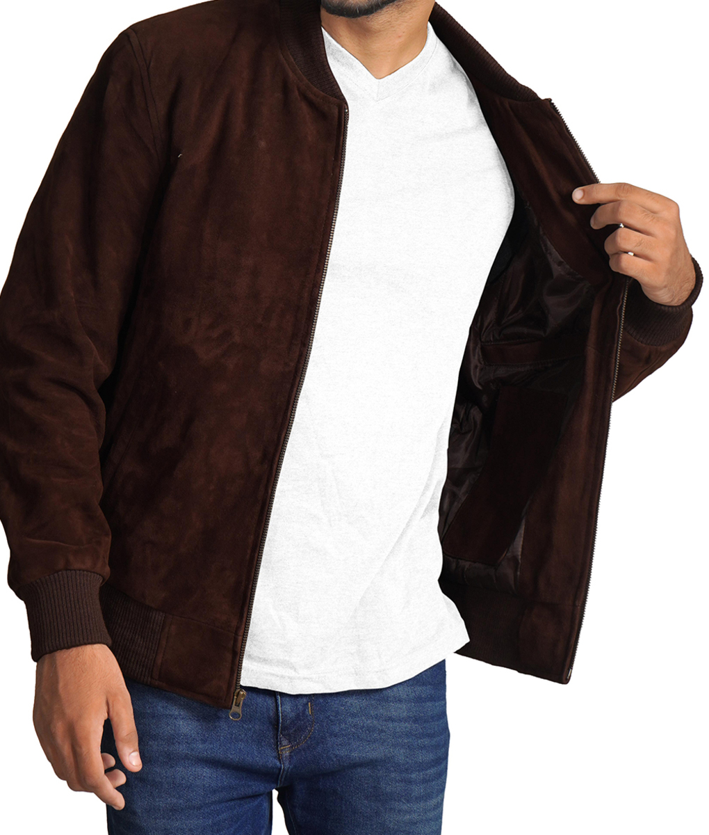 Mens Dark Brown Suede Leather Bomber Jacket