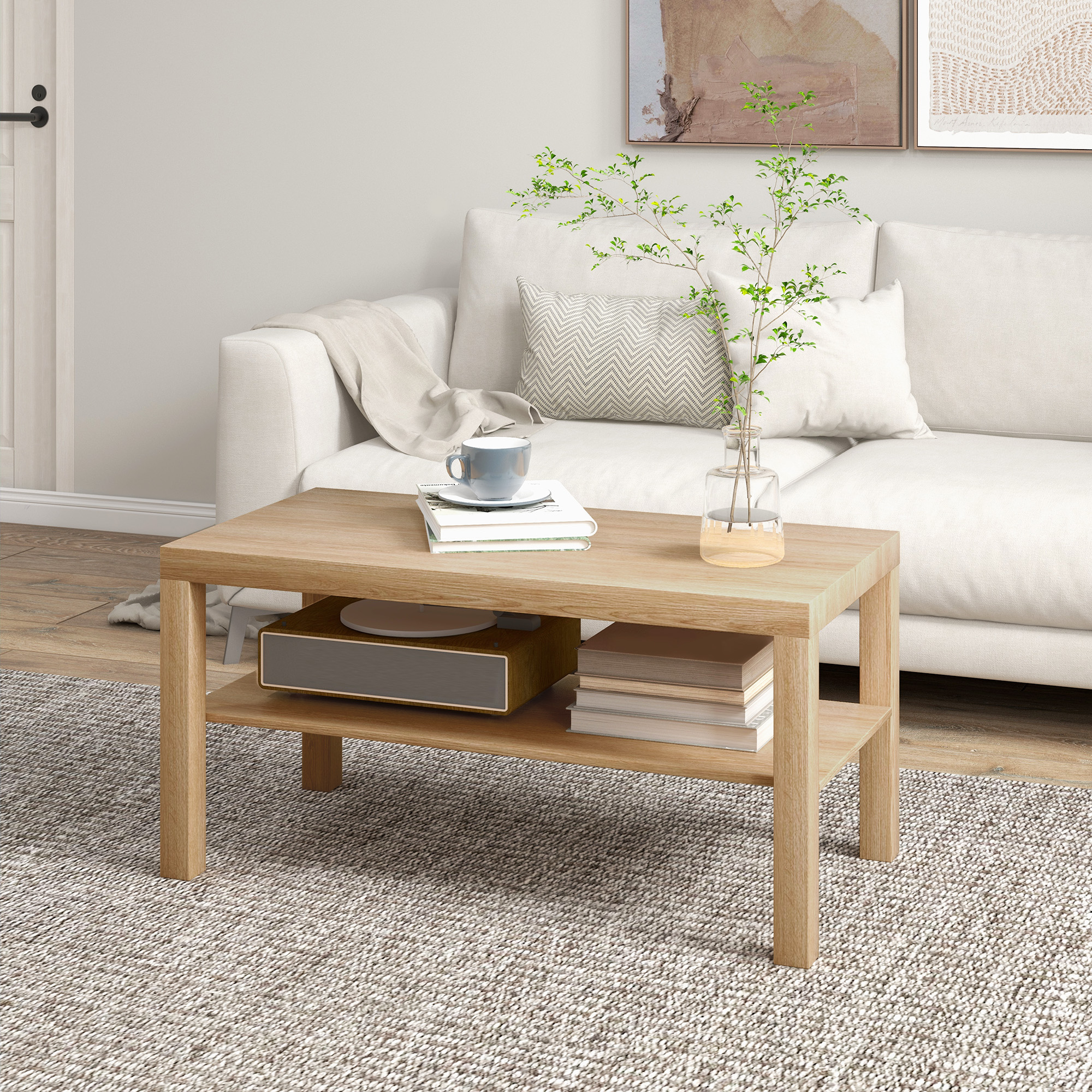 HOMCOM Rechteckiger Couchtisch mit großem Regal, 90×45×44,5 cm, Natürliches Holz