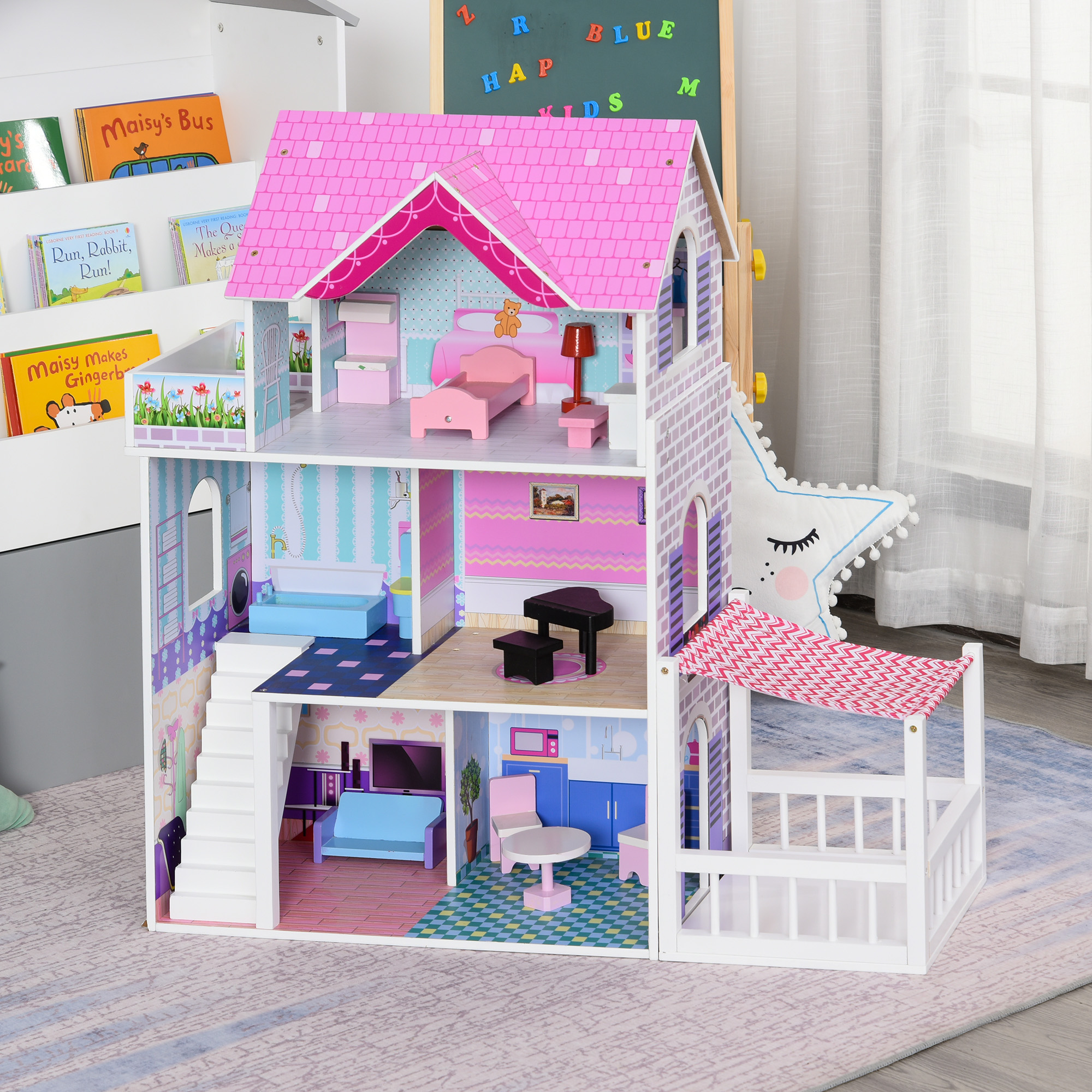HOMCOM Puppenvilla Mädchen Spielzeug Kinder Puppenhaus aus Holz Puppenstube Dollhouse 3 Etagen mit Möbel und Zubehör 86 x 30 x 87 cm