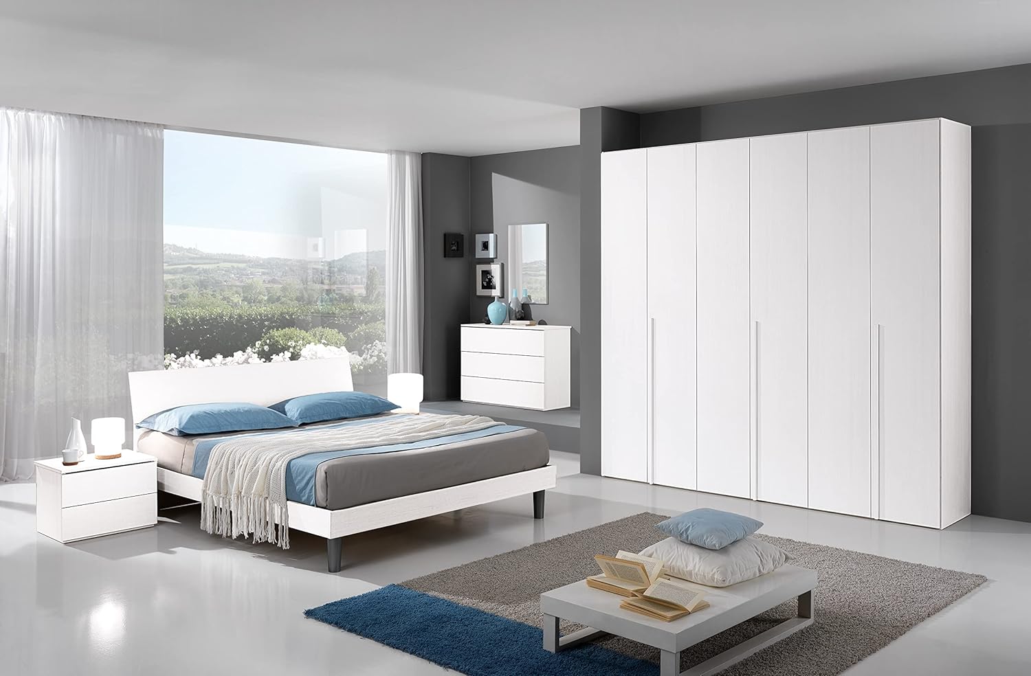 Armadio 6 ante bianco rifinito effetto legno naturale, 258x54x240 cm
