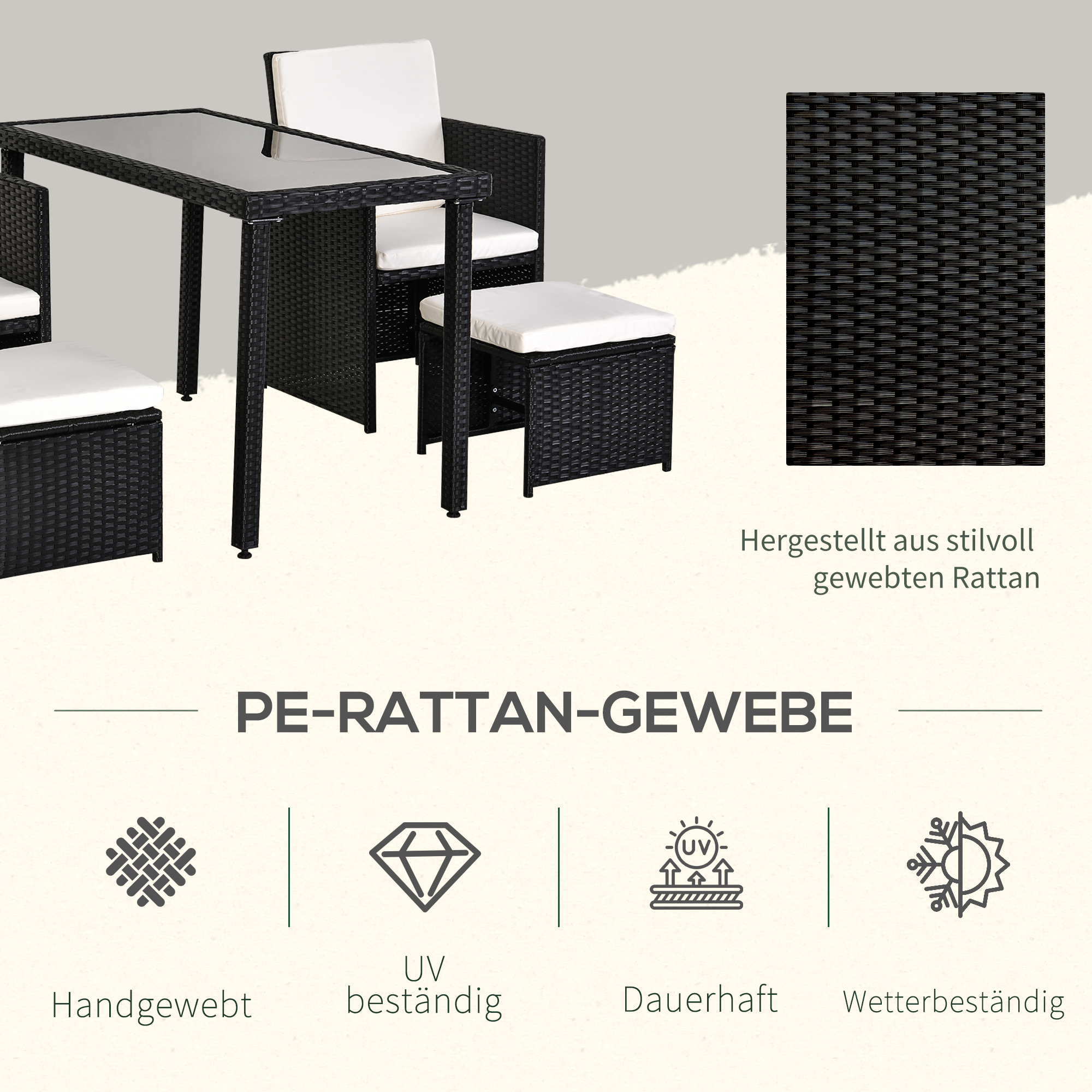 Poly-rotan zitgroep 11-delig Eetset tuinset tuinkussens zwart