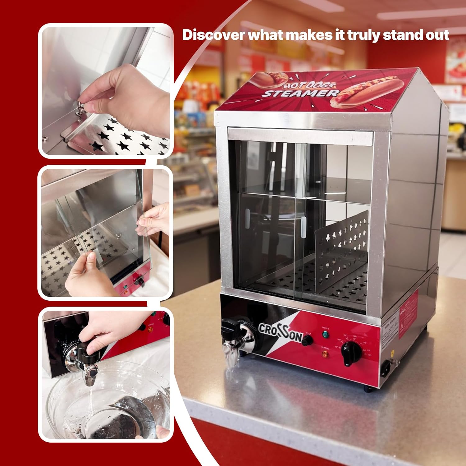 CROSSON Hot Dog Dampfgarer, 42L, 2-stöckiger Hot Dog Hut Dampfgarer, 175 Hot Dogs und 50 Brötchen Brötchen Fassungsvermögen Brötchenwärmer mit sichtbaren Schiebetüren aus gehärtetem Glas