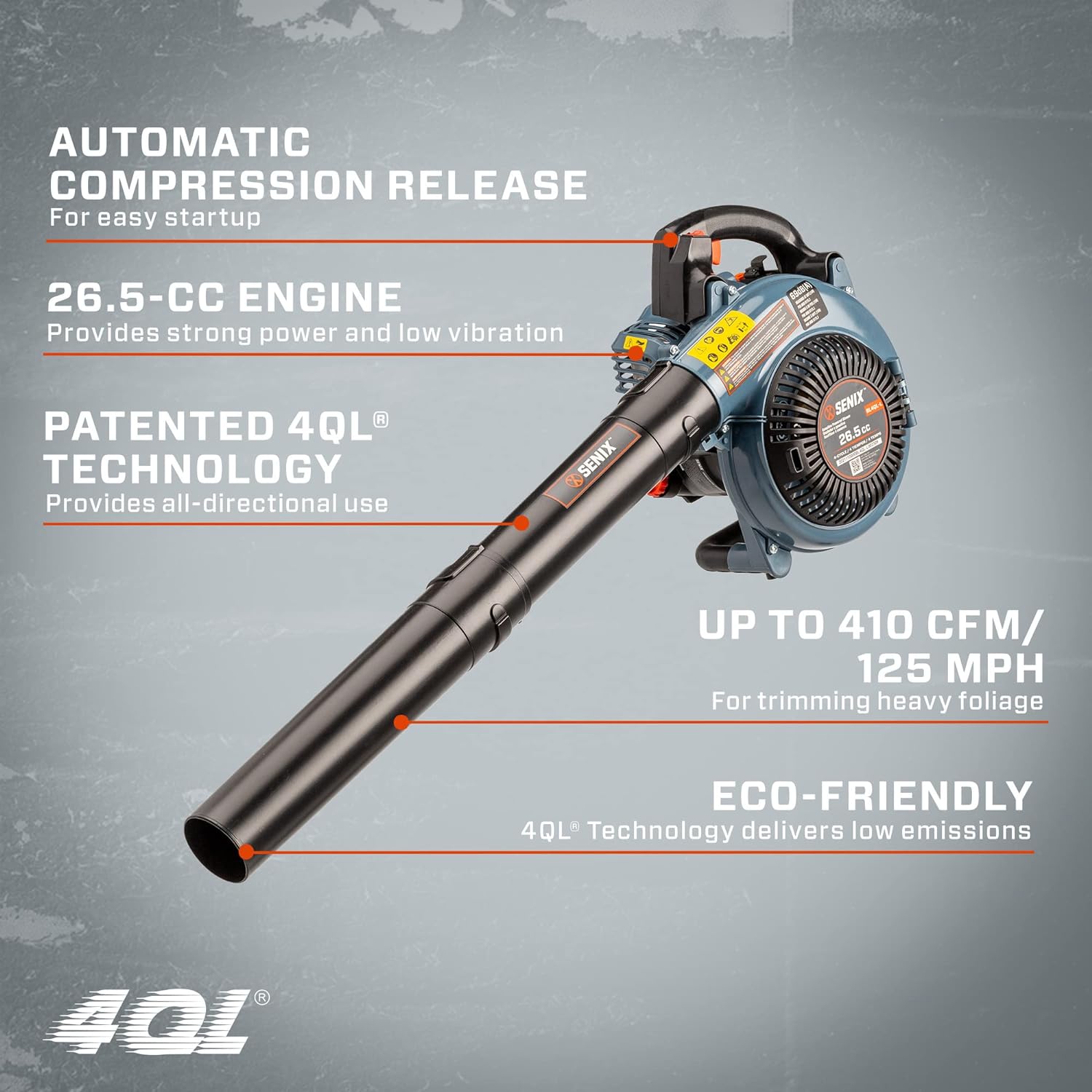 SENIX 4QL 26.5cc 4-Cycle Handheld Gas Leaf Blower, 410 CFM, 125 MPH, Lightweight, Dual Grip Handle, Blue