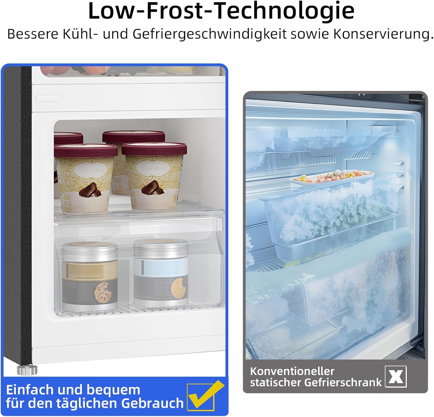 CHIQ CTT107BC Kühlschrank Klein 107 Liter, Höhe 84cm, Tiefe 55cm, Platzbedarf nur 0,3 ㎡, Mikro-Gefrierfach, Vario Box, 7 Temperaturregelstufen, geräuscharm, 87 kWh/Jahr, Schwarz