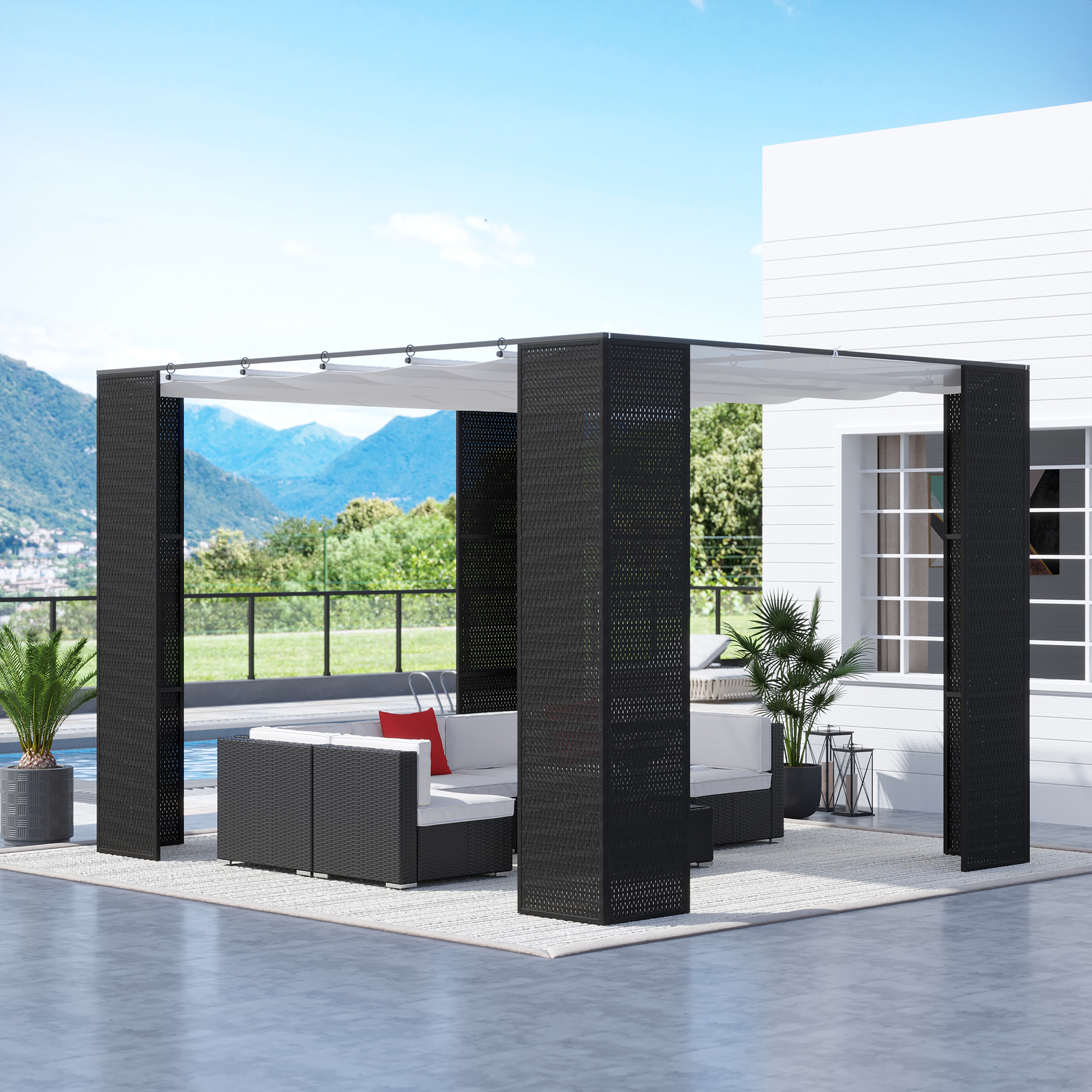 Outsunny Pergola ausziehbar 3L x 3B x 2H m Schiebedach Polyester-Hochdichtegewebe UV-Schutz Metallgestell Epoxidbeschichtung strapazierfähiges PP-Geflecht schwarz und creme
