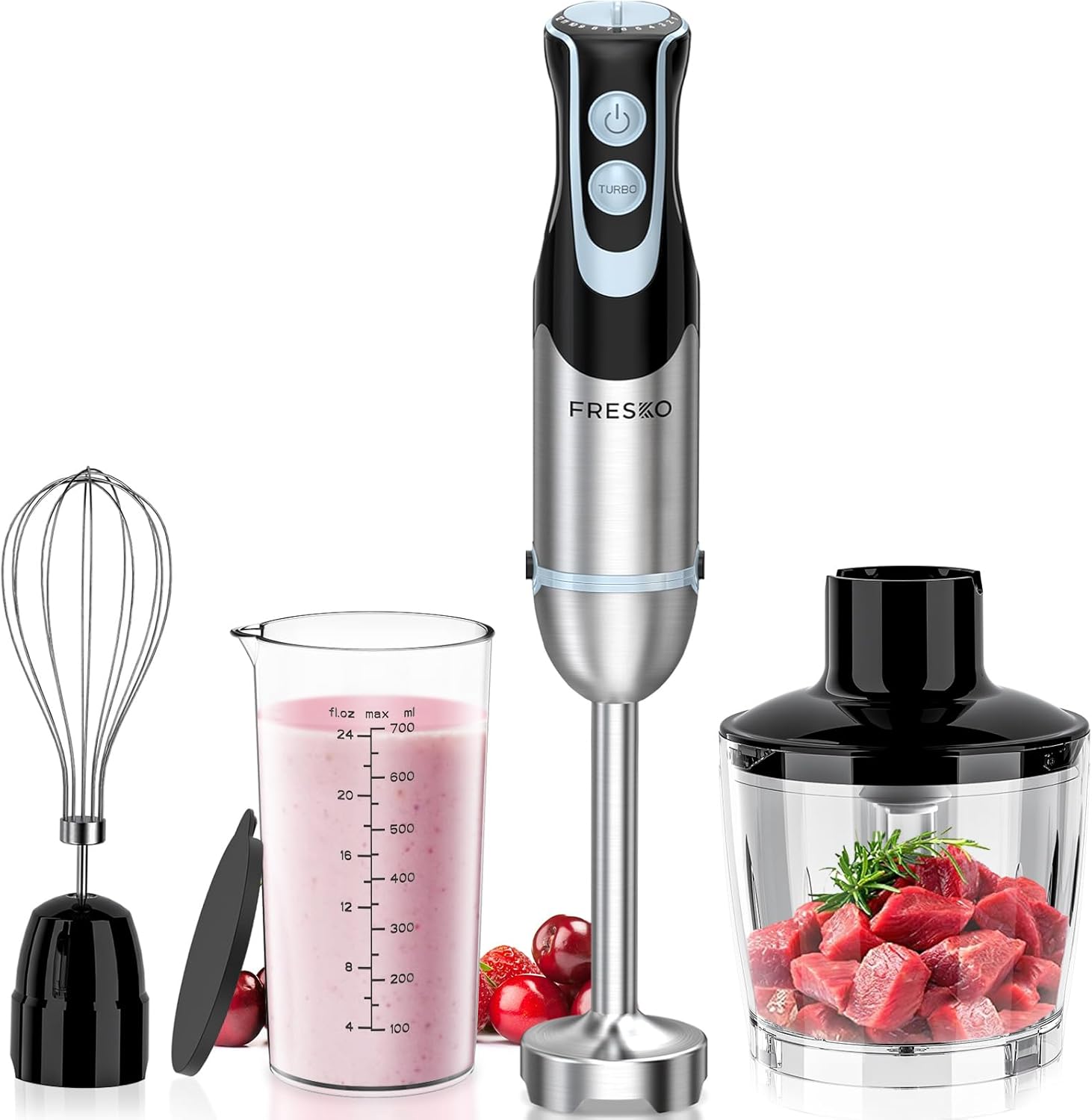 FRESKO 4-in-1 Hand Blender, 1000W Minipimer 304 Stainless Steel Immersion Blender, with 12 Speeds and Turbo Mode, Spray-Proof Design, Includes Measuring Cup, Chopper and Whisk (HB3302)