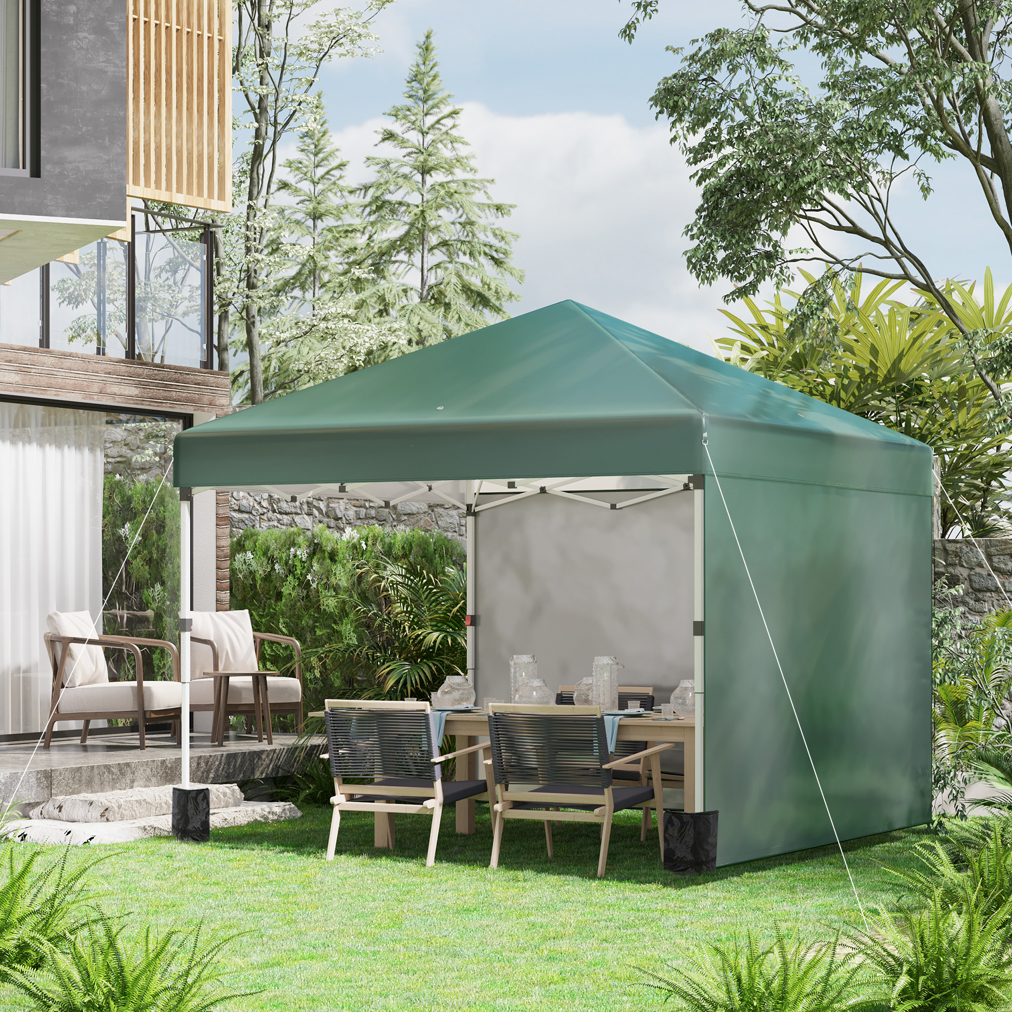 Outsunny Faltpavillon, 2 Seitenwände, höhenverstellbar, mit Transporttasche, rostfreies Stahlgestell, 3 x 3 m, Grün