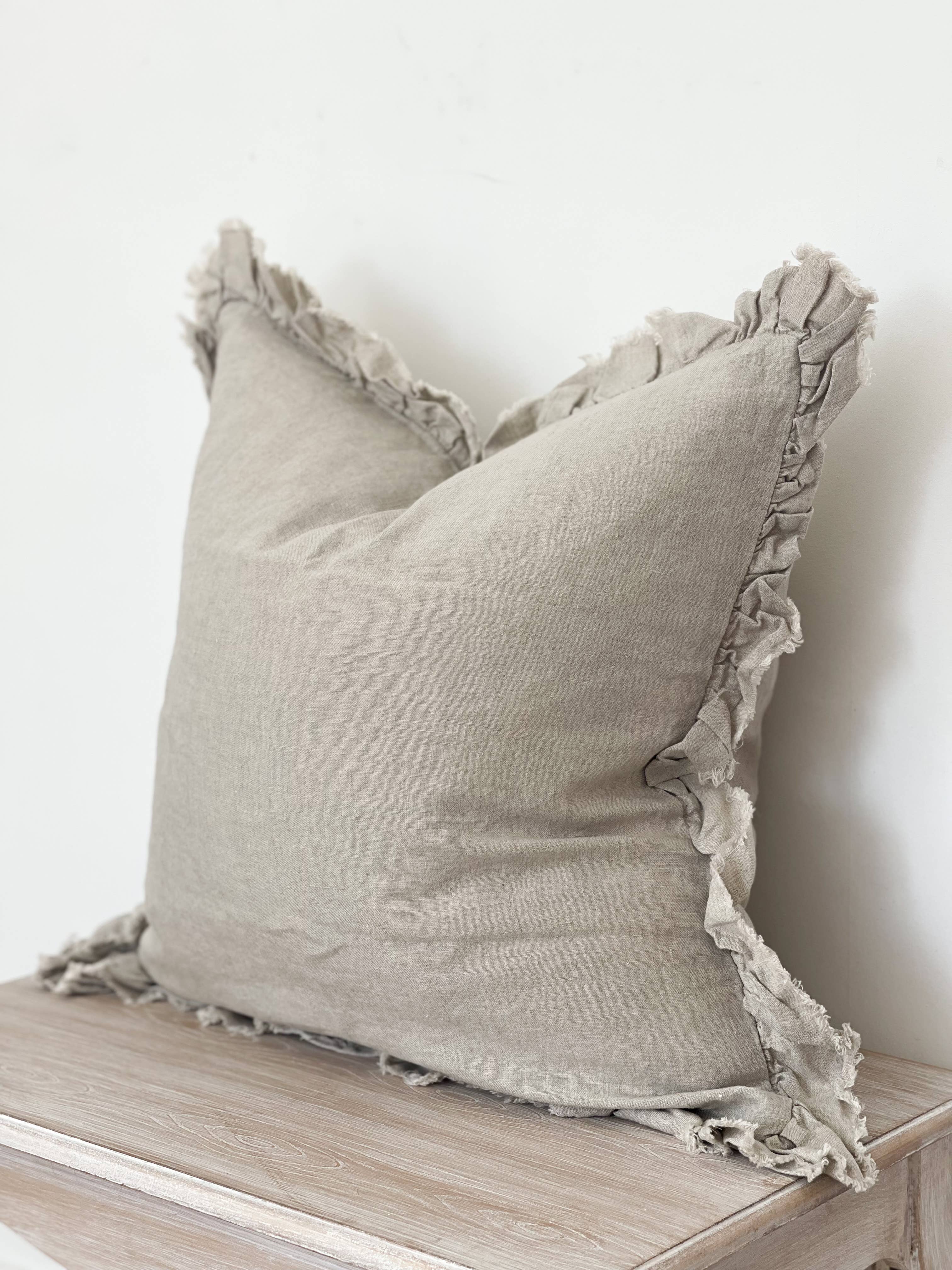 Ruffled Linen Cushion  �C Natural Beige | 100% Stonewashed Linen