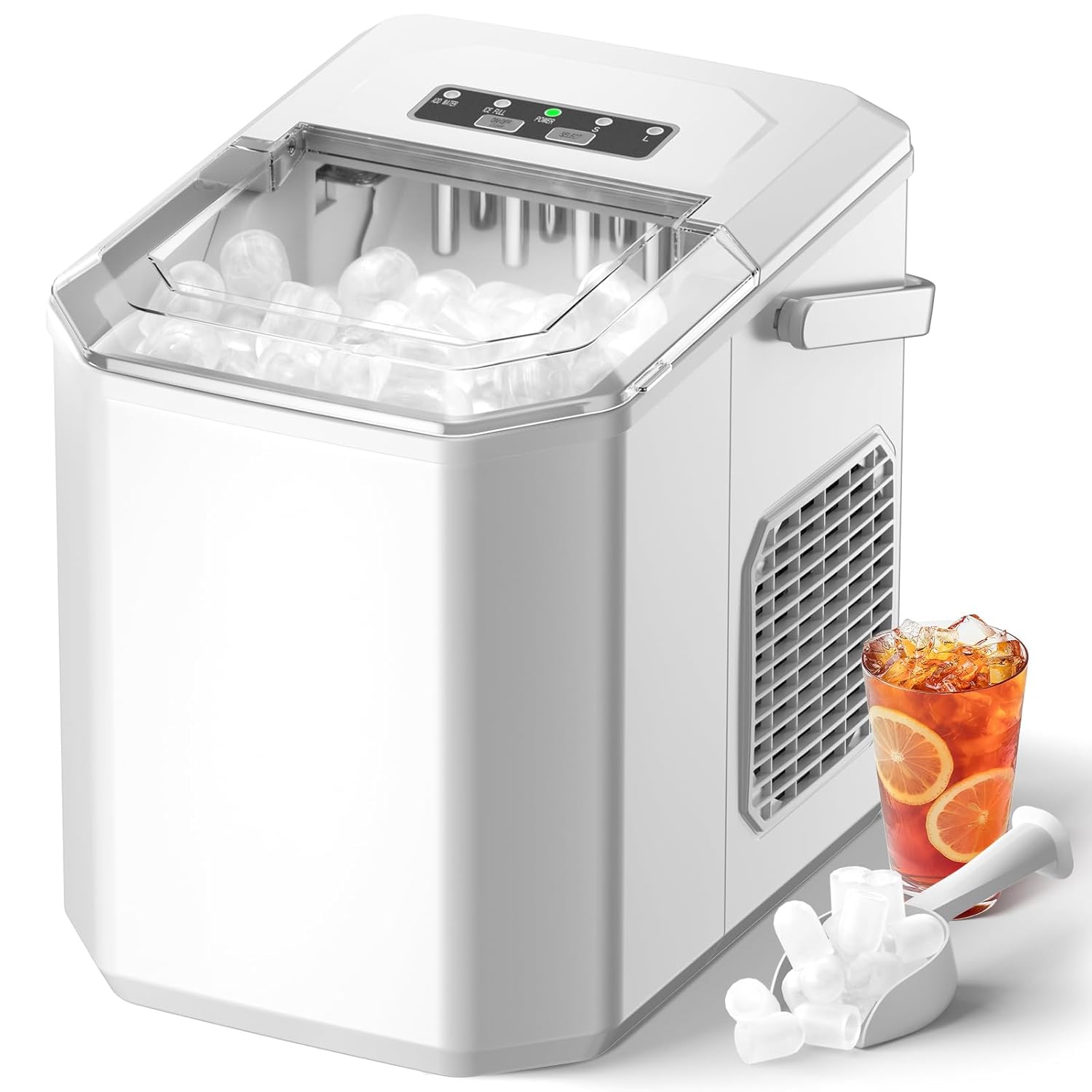 Macchina Ghiaccio 12kg/24h, Macchina del Ghiaccio Casa Autopulente, Ice Maker Professionale 1,5L, con Maniglia/Silenzioso/Paletta/Cestello, Bianco