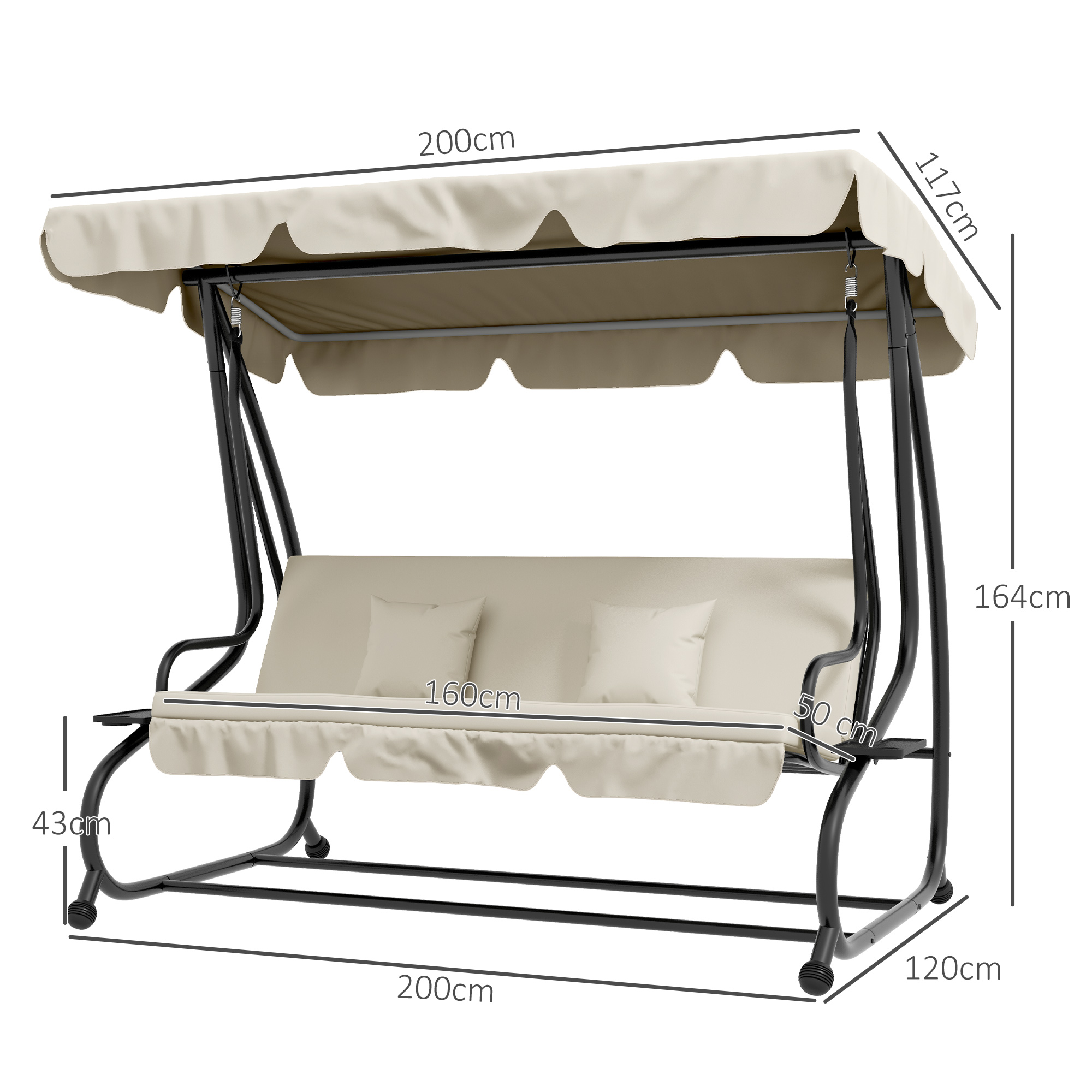 Outsunny 2-in-1 Tuinschommel met Ligfunctie, Verstelbaar Dak, tot 340 kg, Staal, 200x120x164 cm, Cr��mewit