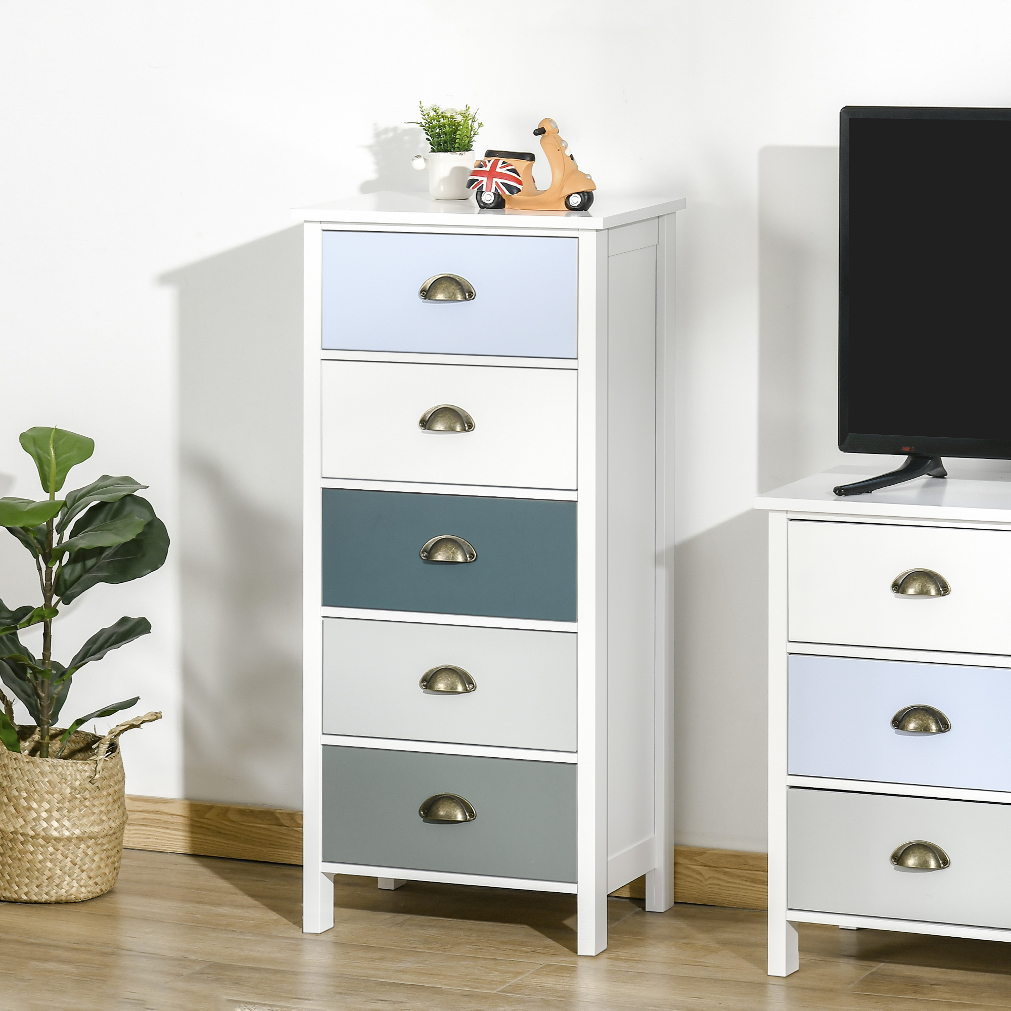 HOMCOM Kommode Schubladenschrank Aufbewahrungsschrank mit 5 Schubladen in verschiedenen Farben und Muschelgriffen aus Metall MDF - Maße: 45B x 30T x 95,4H cm