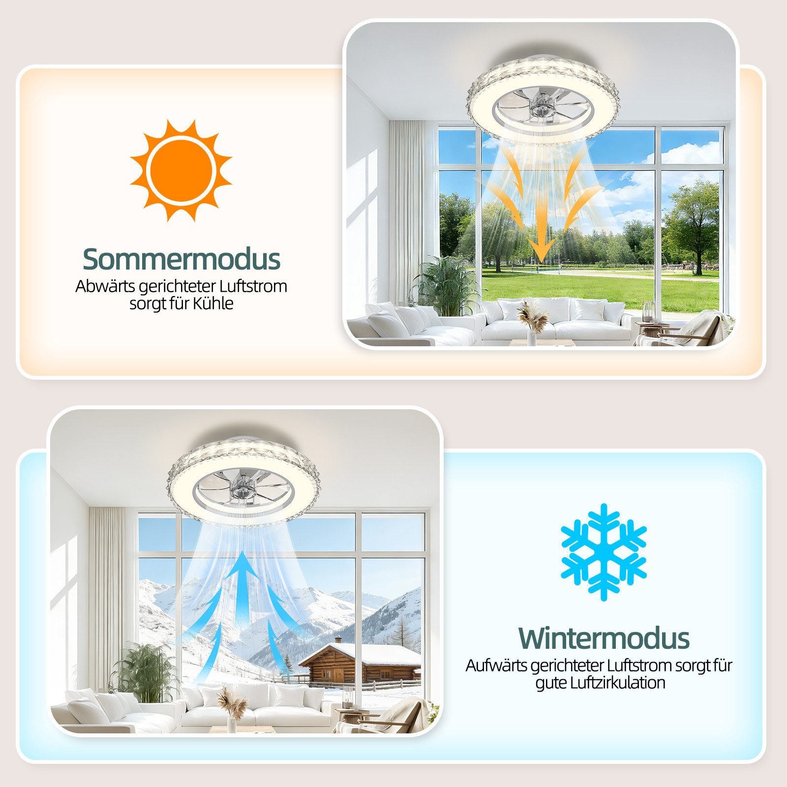 Deckenventilator mit Beleuchtung mit Kristall-Optik, LED 3CCT, RGB, dimmbar