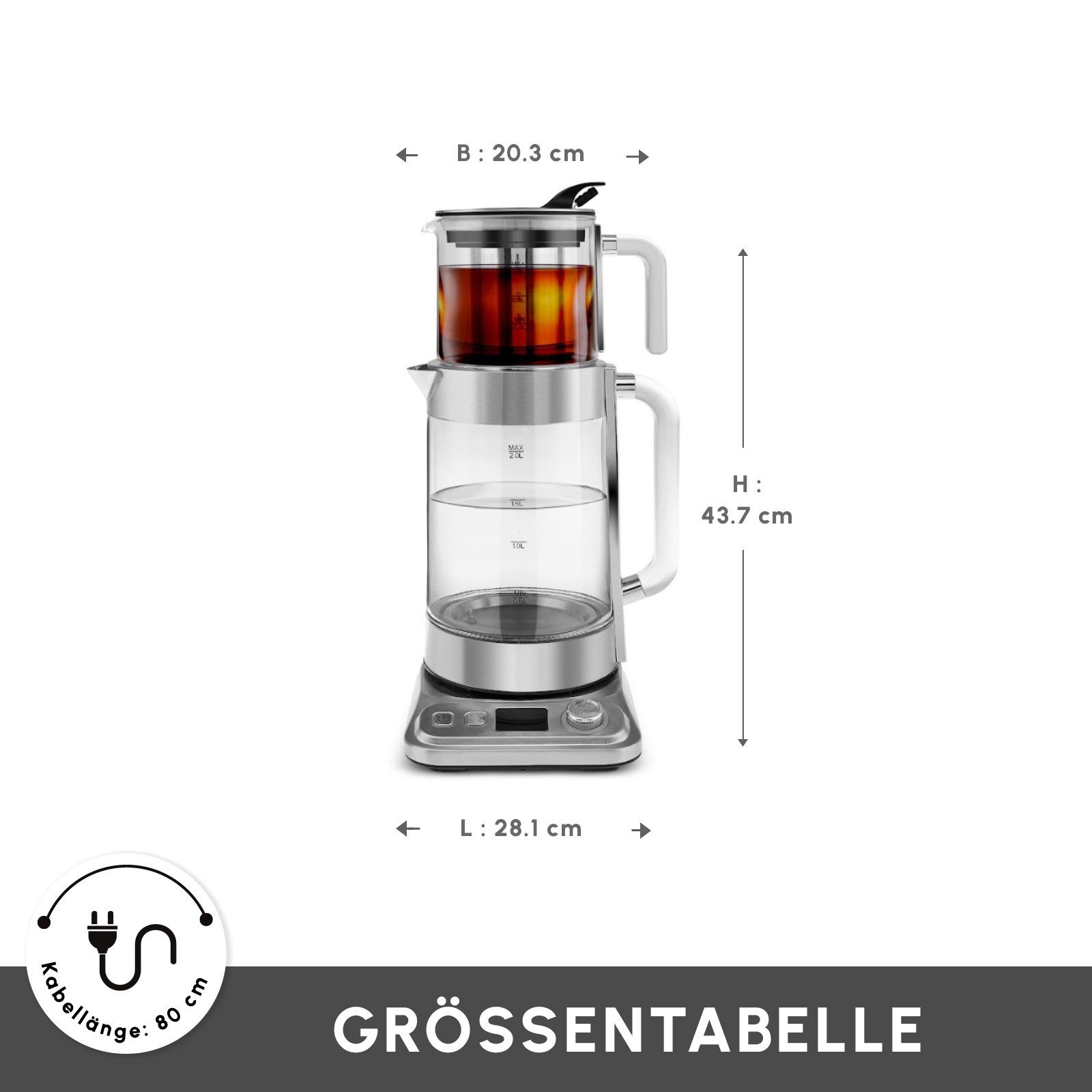 Wasserkocher Karaca x Refika XL Glas Teezubereiter 2,8L Kapazität, Chrom