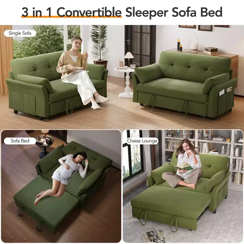 Chenille Sleeper Sofa Bed, Convertible Couch with Pull-Out Bed for Living Room