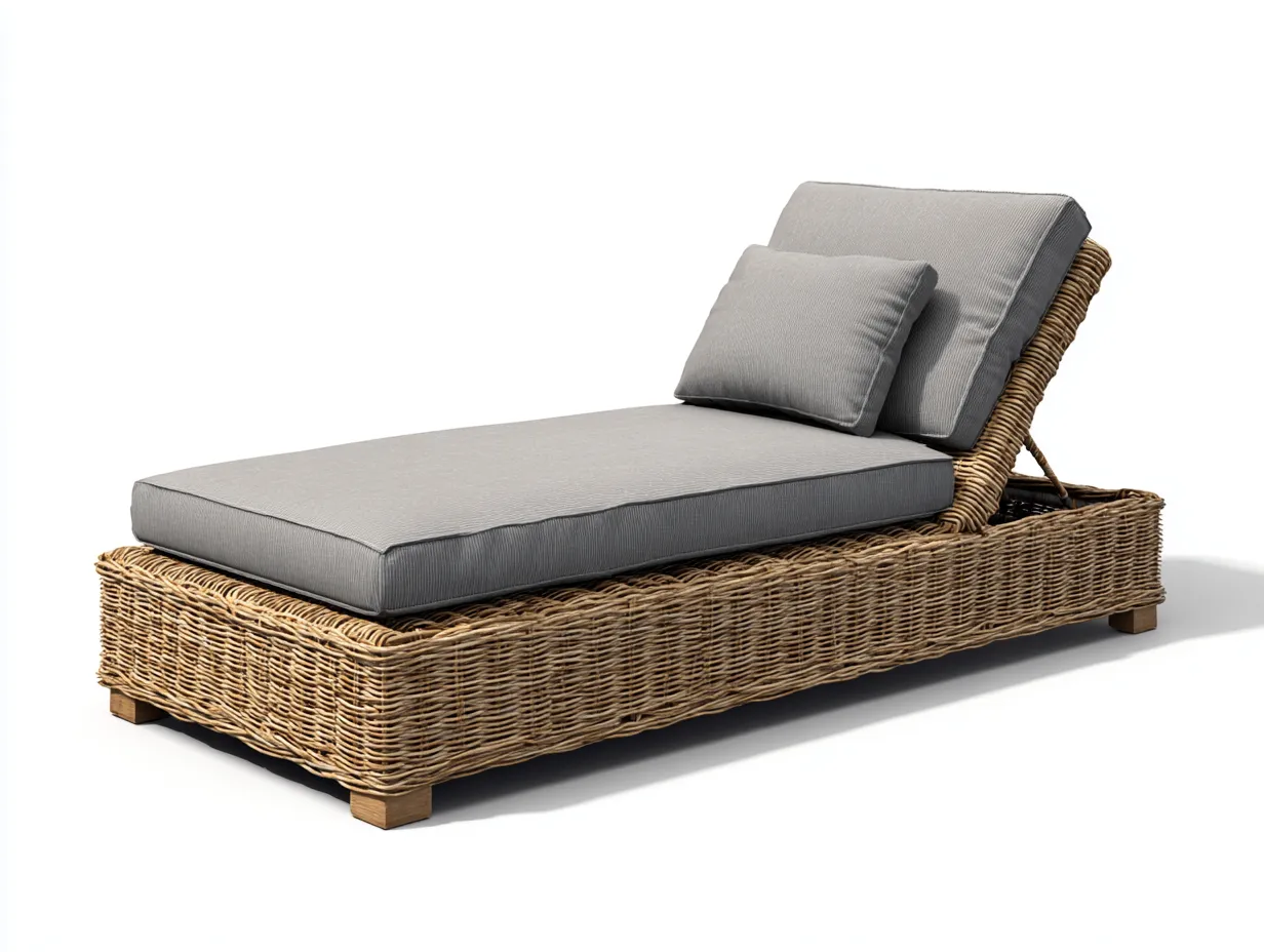 Sonnenliege-Rattan-Metall-Stoff-197 x 73 x 82 cm-Grau-Natur-Moderner Outdoor-Stil