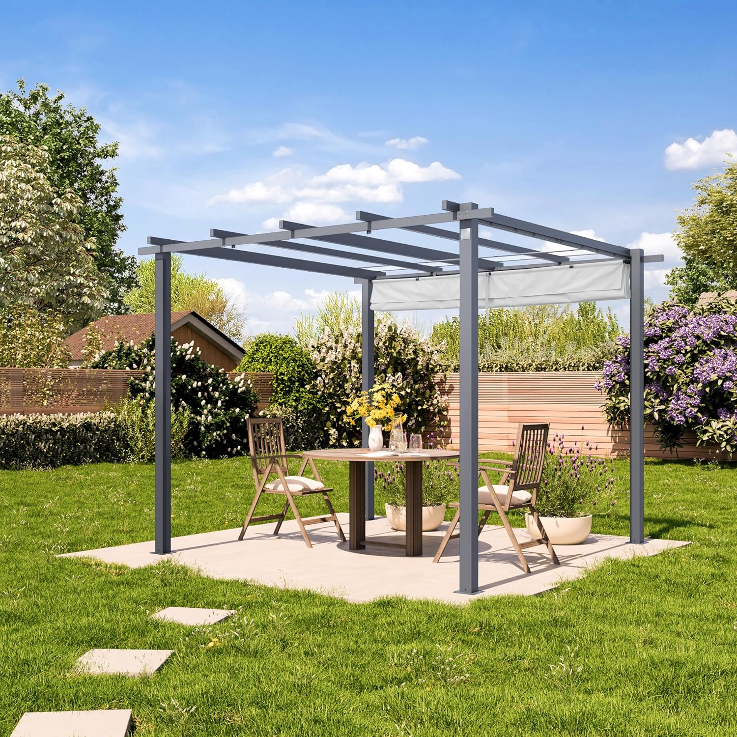 PRIMEYARD Pergola 3 x 3 m Garden Gazebo with Sliding Roof Grey - Steel Frame