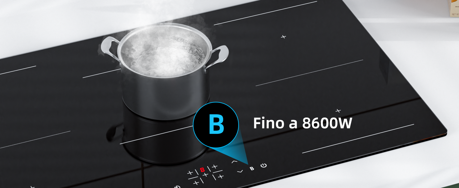 Superficie nera del piano cottura a induzione con indicatore di potenza nominale di 8600 W con pentola in metallo posizionata