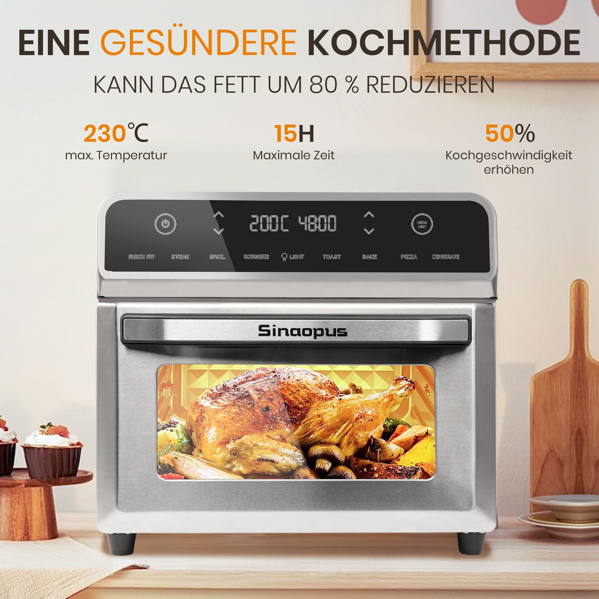 Heißluftfritteuse 18L XXL, multifunktionale Fritteuse Minibackofen, fettfreies Kochen