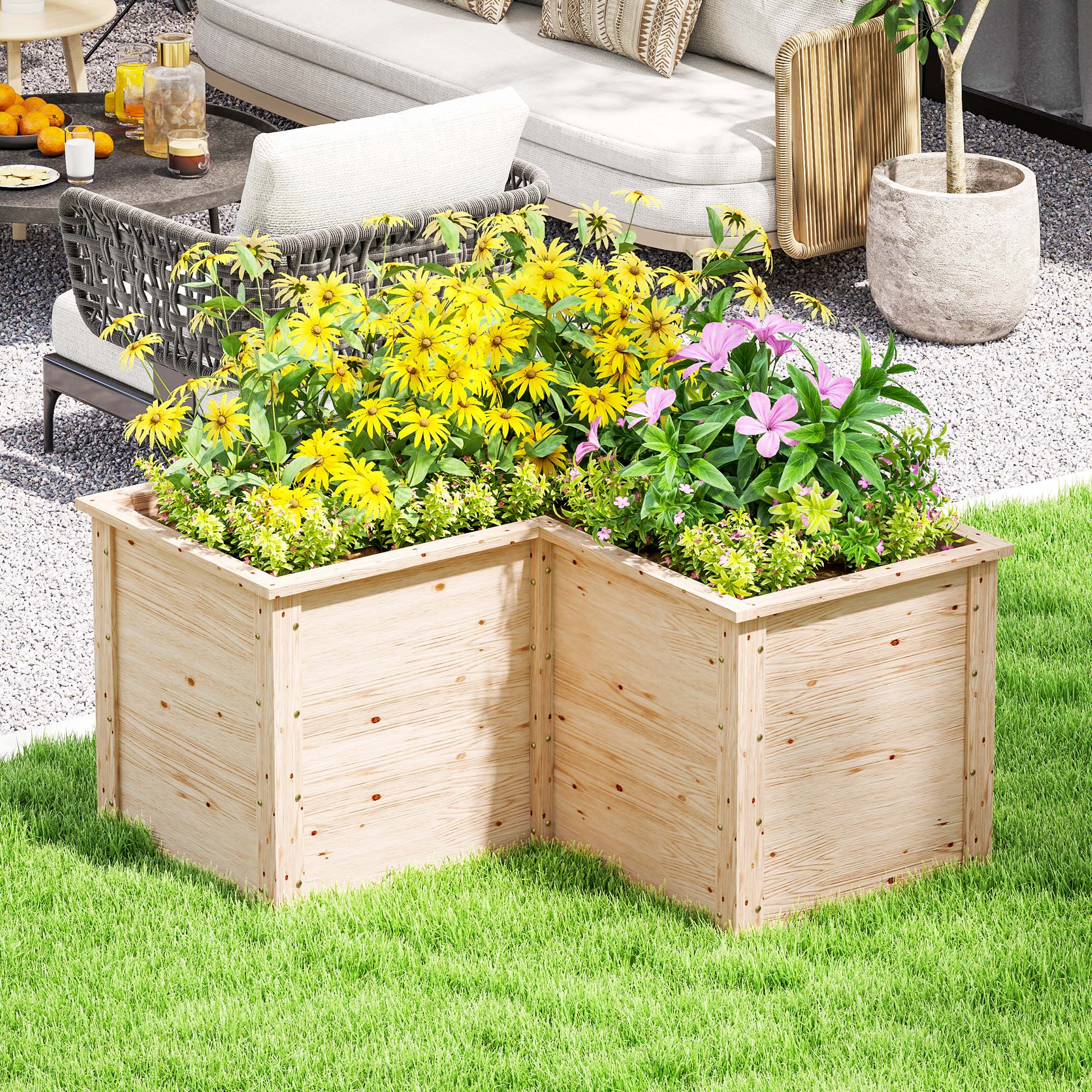 Outsunny Hochbeet in L-Form, erhöhtes Gartenbeet, offenes Blumenbeet aus Holz 120 x 120 x 62 cm, Naturholz
