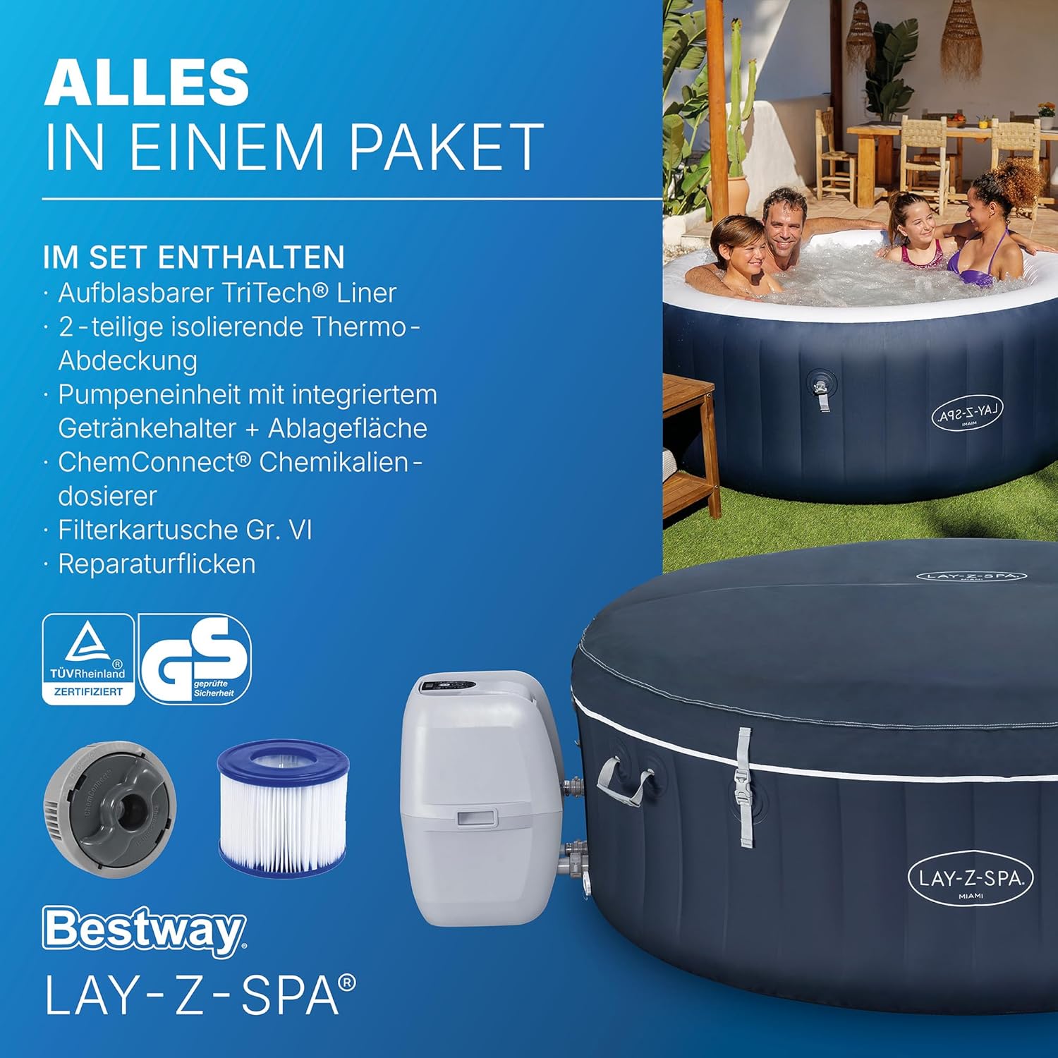 Bestway Lay-Z-SPA Energiespar-Whirlpool Miami AirJet, Ø 180 x 66 cm, 4 Personen, Heizung, Frostwächter, 120 AirJet-Düsen, Energiespardämmung, Thermo-Abdeckung, Dunkelblau
