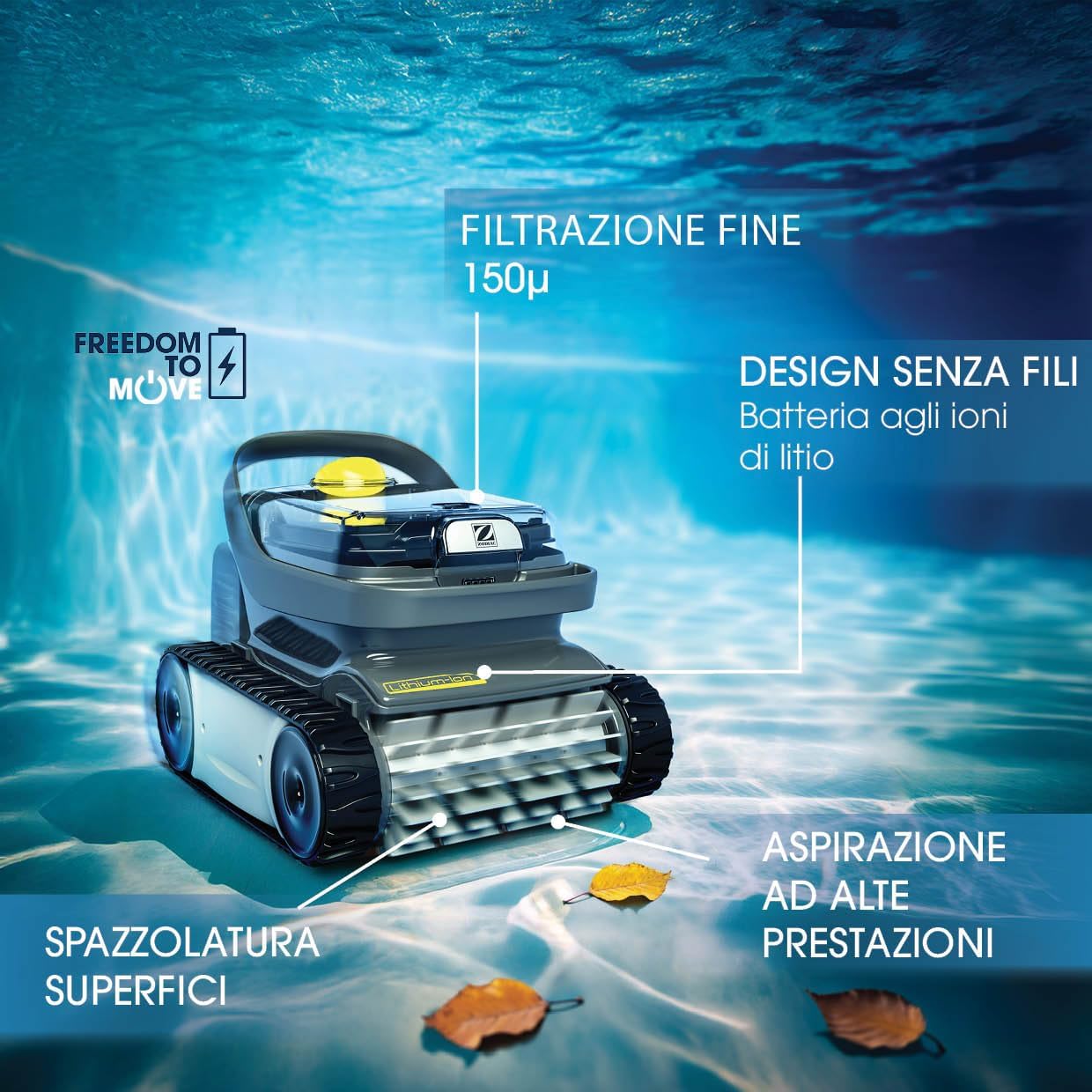 ZODIAC Pixel OP 32 robot elettrico senza fili, pulisce il fondo e le parenti, per piscine fino a 8x4m. Batteria al litio, filtrazione fine, spazzolatura, finestra transparente