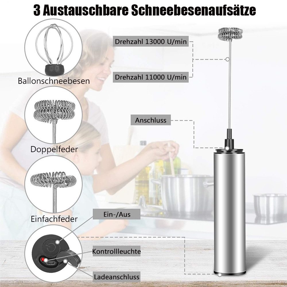 Milchaufschäumer Elektrischer Milchaufschäumer USB, Edelstahl Handmixer mit 3 Aufsätzen