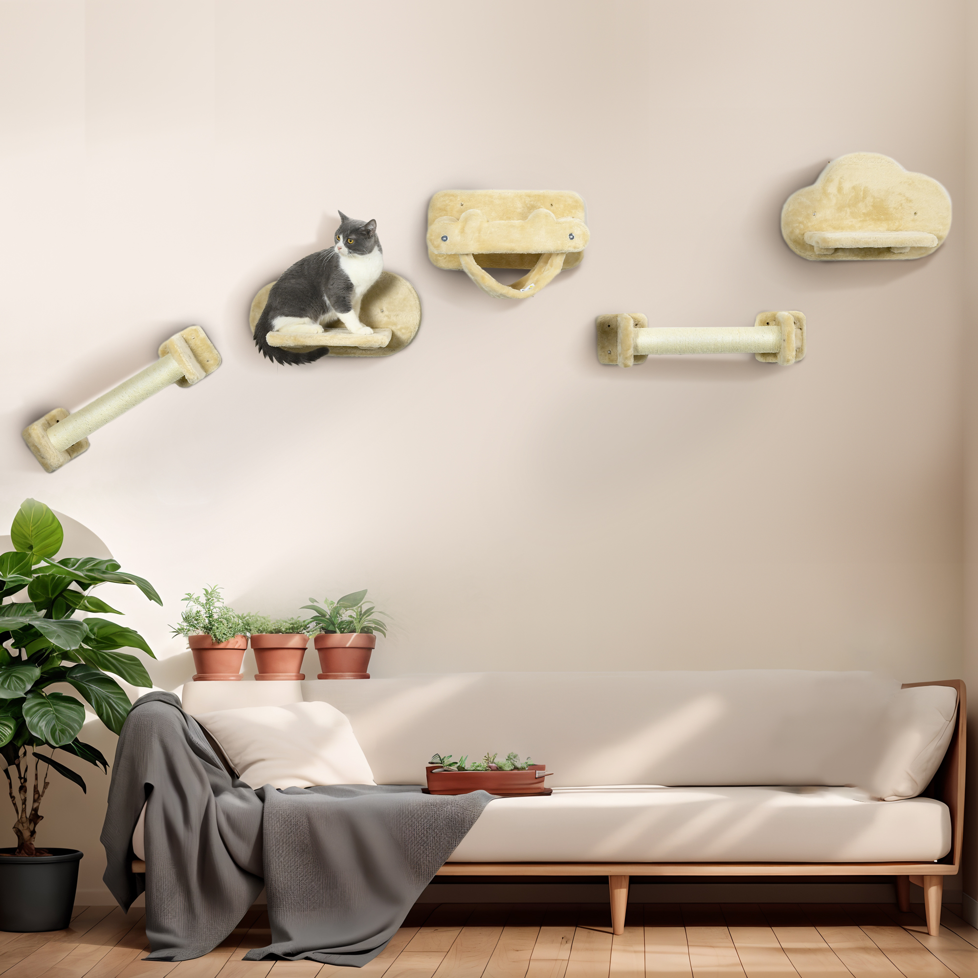 PawHut Katzentreppe, 5-teiliges Set, 2 Kratzstämme, 2 Plattformen mit Plüschbezug, Hängematte, beige