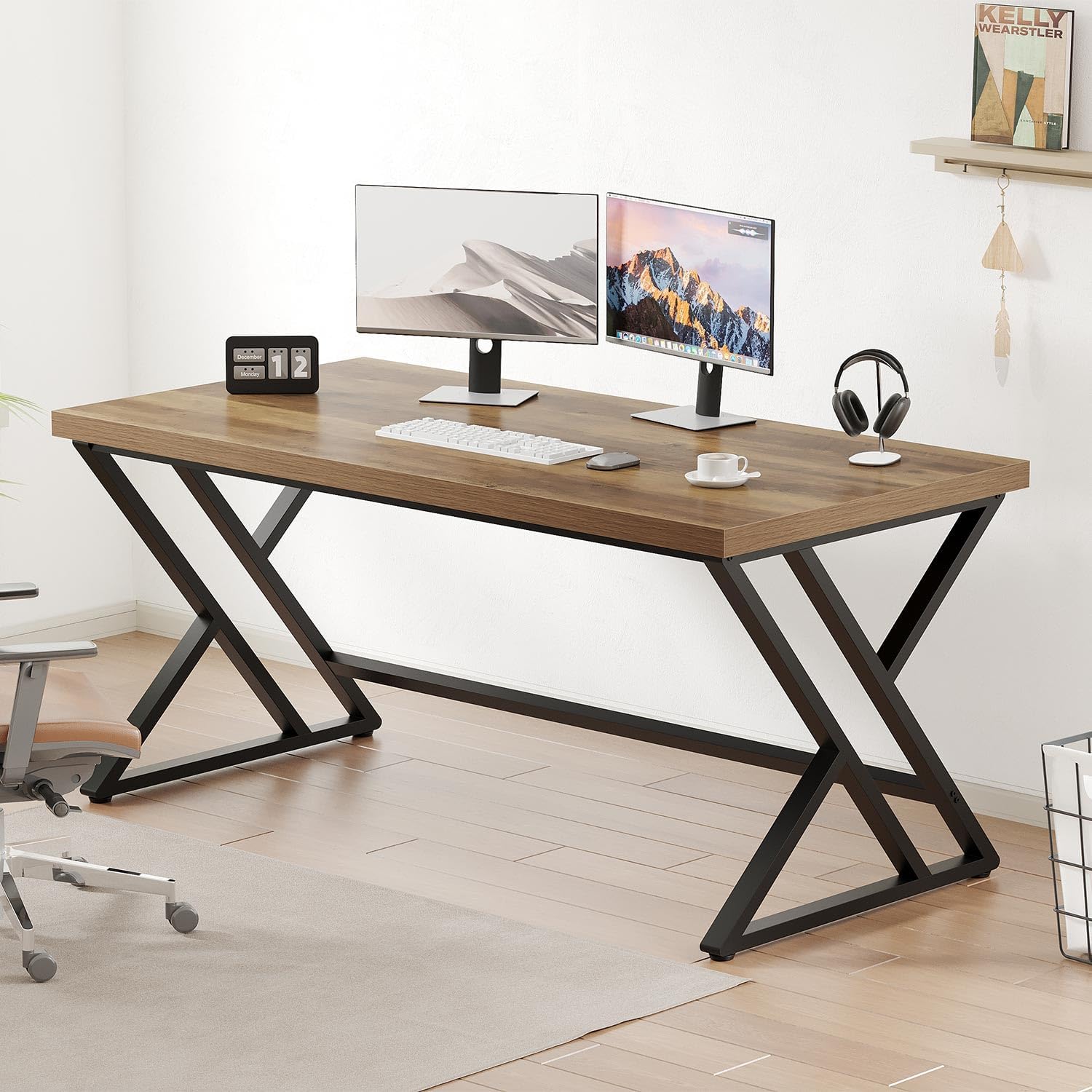 LVB Wood Computer Desk, Rustic Home Office Executive Desk for Bedroom, Industrial Wooden Computer Writing Study Work Gaming Table, Modern Metal PC Student Simple Desk with Storage, 55 Inch, Rustic Oak