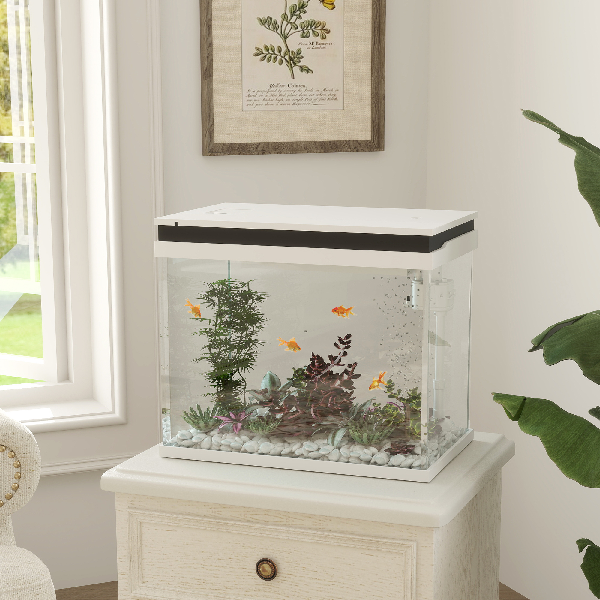 PawHut 41 Liter Glas-Aquarium mit Filtersystem, LED-Lichtern, Wasserpumpe, für verschiedene Fischarten, Weiß