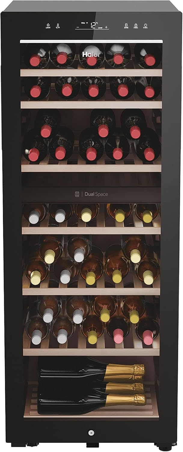 Haier Wine Bank 50 Series 7 Double Temperature Wine Cooler, 77 Bottles, Anti-UV Glass, 3D LED, App Control, Freestanding, Class G, 49.7 x 58.5 x 127 cm, Black - HWS77GDAU1