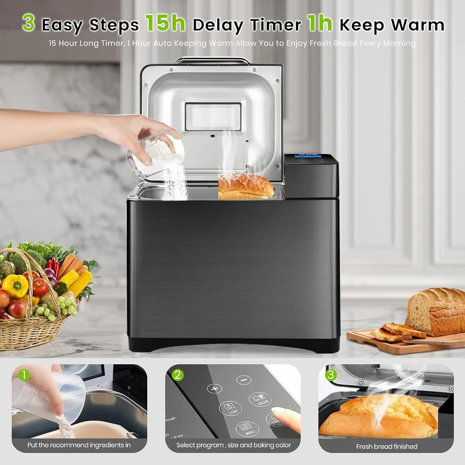 A 17-function integrated bread machine - dual heaters, 710 watts, stainless steel material - gluten-free, dough maker, jam, yogurt, program control, automatic nutrition dispenser, ceramic baking tray and touch panel, 3 types of bread sizes, 3 types o
