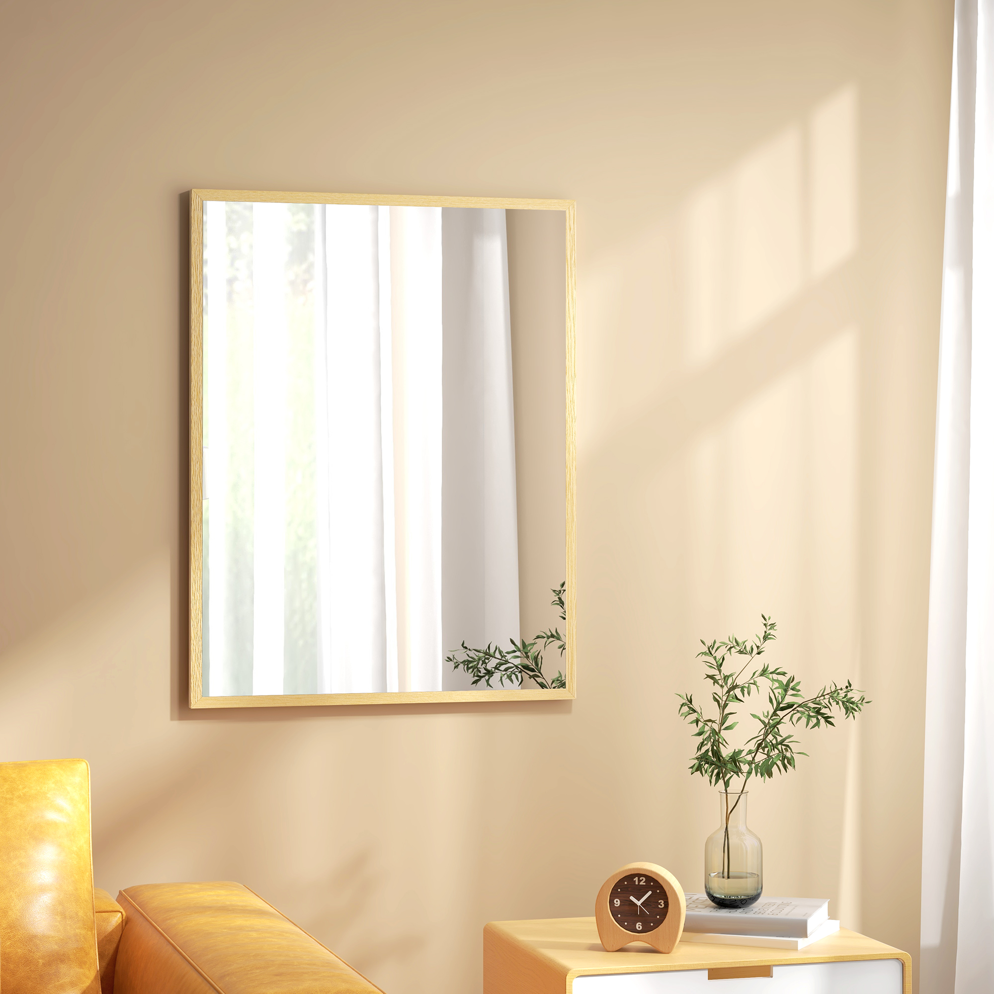 HOMCOM Wandspiegel rechteckig 90 x 70 cm, Holzrahmen, ideal für Badezimmer, Wohnzimmer oder Schlafzimmer, natur