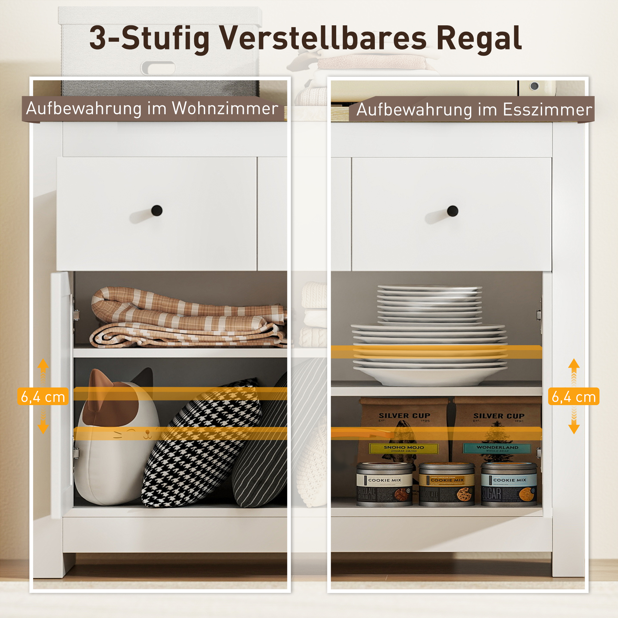 Ladekast met veel Opbergruimte, Sideboard met Soft-Close Deuren, 2 Laden, Verstelbare Plank, Wit