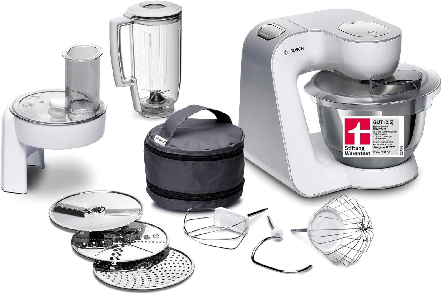 Bosch Küchenmaschine Serie 4, Edelstahl-Schüssel 3,9 L, Knethaken, Schlag- und Rührbesen Edelstahl spülmaschinenfest, Mixer 1,25 L, Durchlaufschnitzler, 3 Scheiben, 1000 W, Weiß, MUM58W20