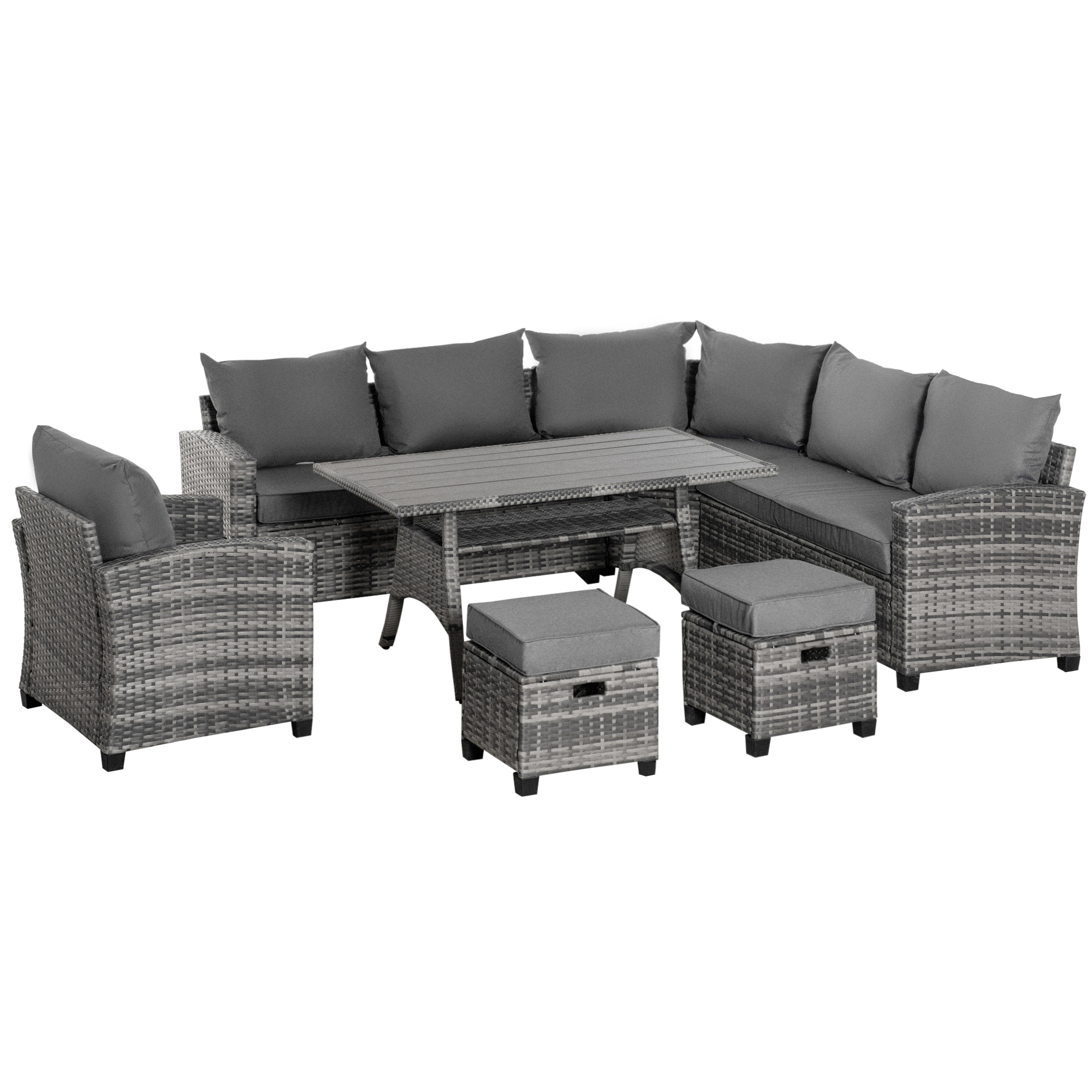 Outsunny Luxus Polyrattan Gartenmöbel Set für 7 Personen Gartengarnitur Loungemöbel mit Beistelltisch Sitzkissen Grau