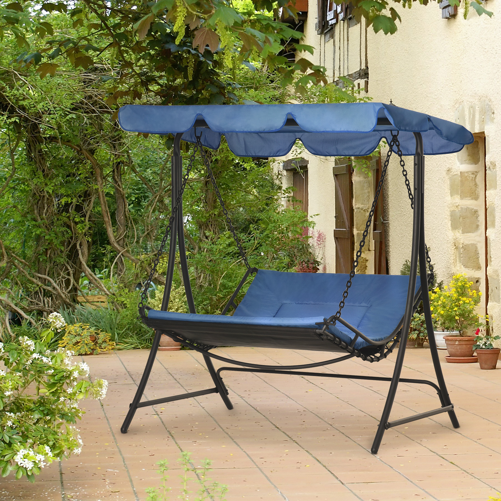 Outsunny Schwingliege Hollywoodschaukel Gartenliege mit Dach für 2 Personen Stahl Blau 164 x 116 x 176cm