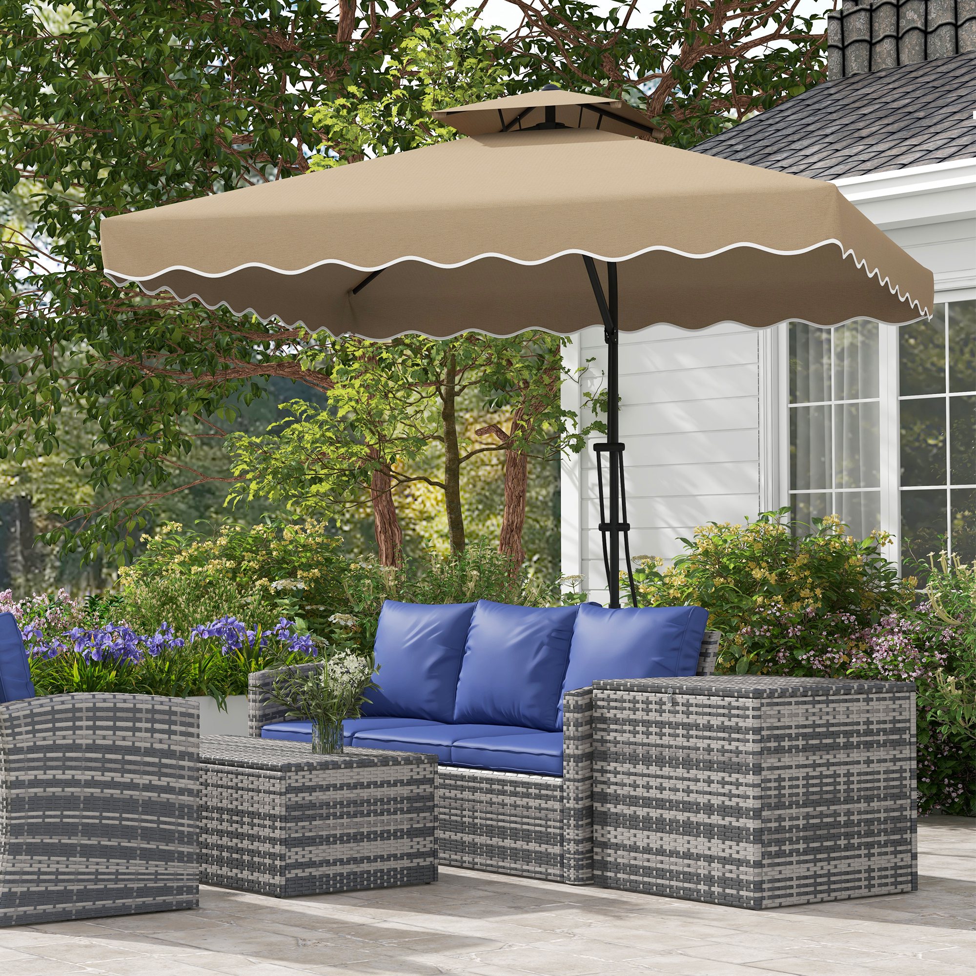 Outsunny Versetzter Sonnenschirm Garten quadratisch mit Kreuzfuß, Hebelgriff, Lambrequin, Doppeldach, 243L x 243B x 265H cm, Khaki