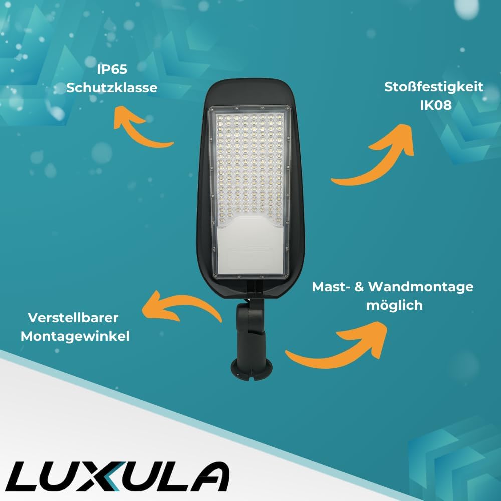 LUXULA LED Straßenlaterne 50W 8 Stück, 5800 Lumen, 5000K Neutralweiß, IP65 Wasserdicht, Mastleuchte, Straßenlampe, Aussenleuchte, Wegeleuchte für Hof, Parkplatz, Einfahrt und Gartenwege