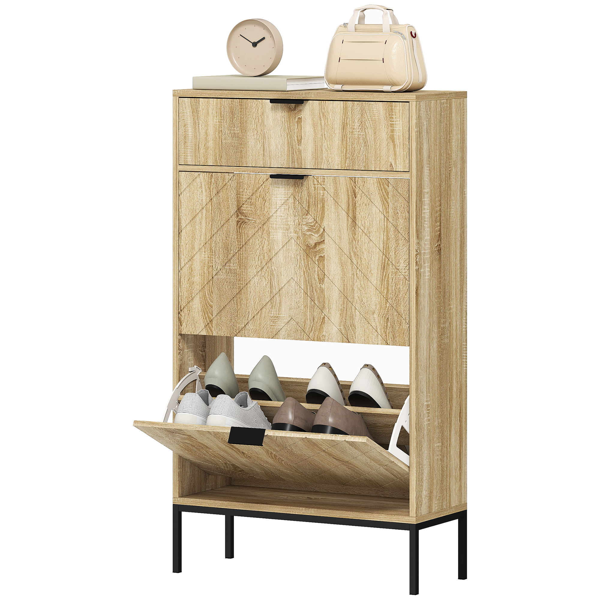 HOMCOM Schuhschrank für 8 Paare mit herausziehbarer Schublade, 2 klappbaren Schubladen, verstellbaren Regalen, 60x24x105,5cm, Eiche