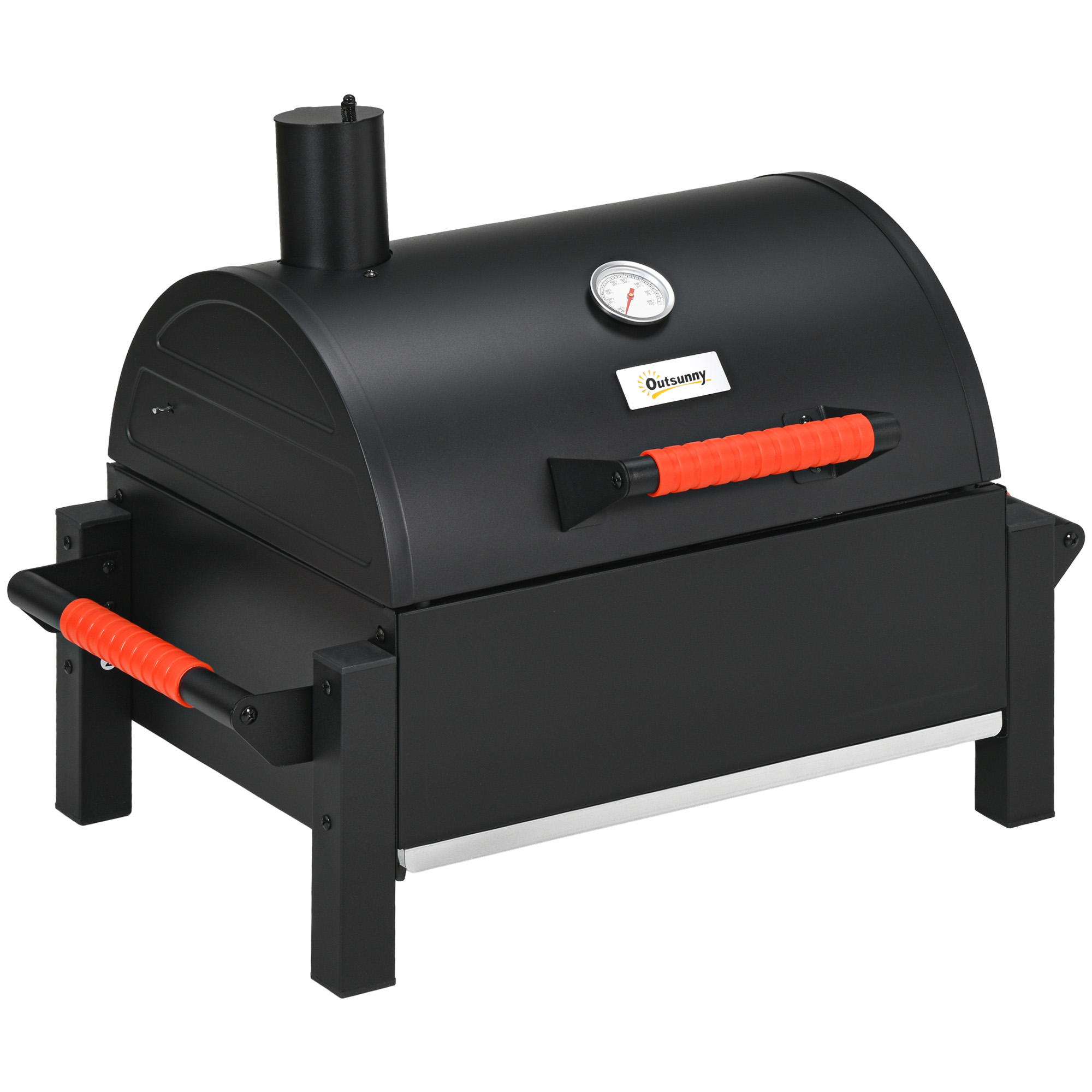 Outsunny Houtskoolgrill met Deksel, Warmhoudrooster, Aslade, Thermometer, Roestvrij, 68,5x50x54cm, Zwart/Rood