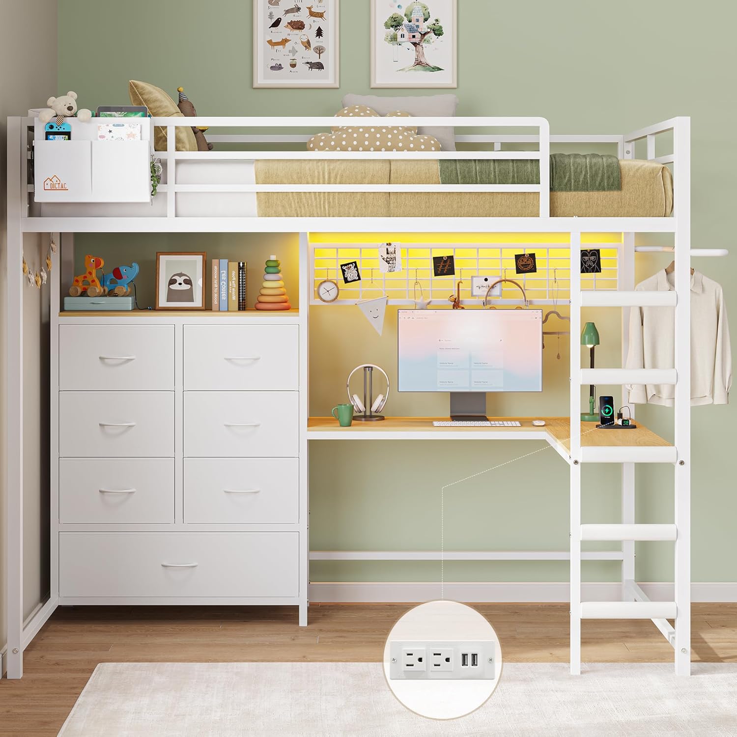 DICTAC Twin Size Loft Bed with L-Shaped Desk and 7 Storage Drawers,Metal Twin Loft Bed for Kids with LED Lights and Charging Station,13.11