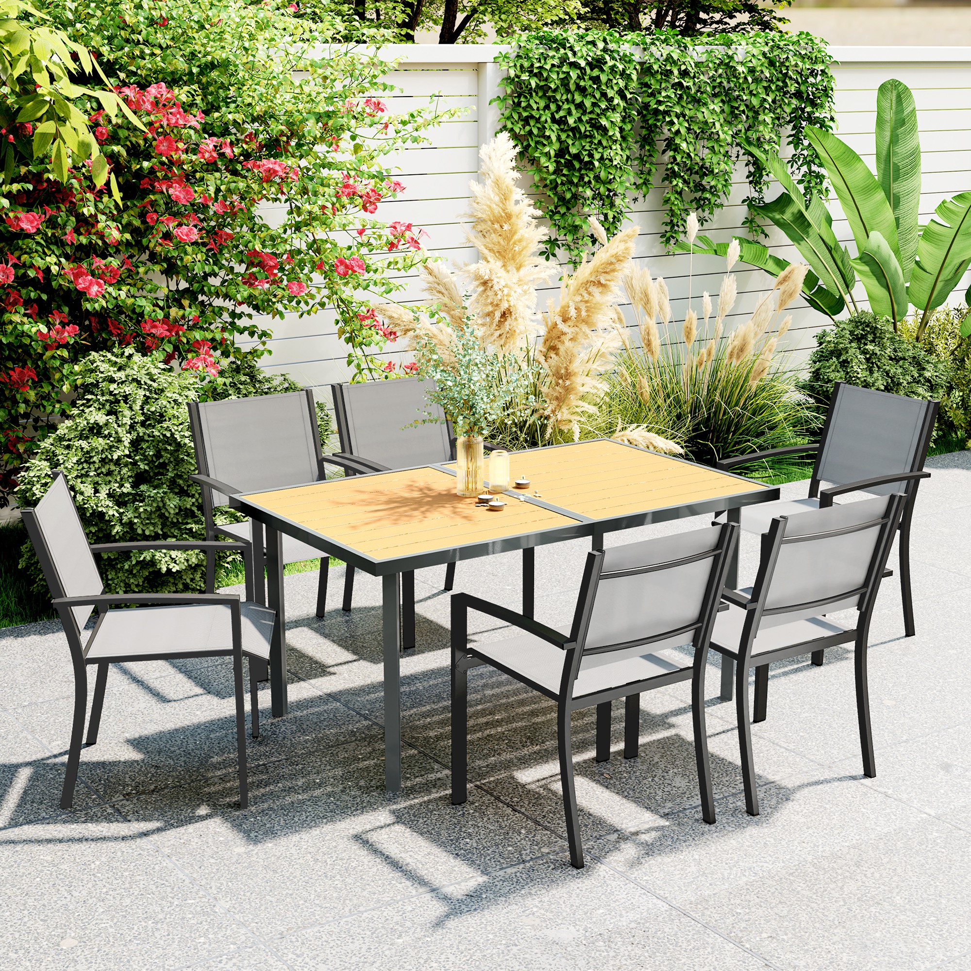 Outsunny Gartentisch für 6 Personen mit Tischplatte aus Stahl in Holzoptik, 150 x 90 x 72 cm, Naturholz