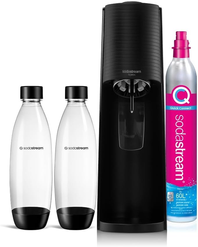 SodaStream Terra Megapack Water Carbonator for Turning Water into Sparkling Water Including Co2 Cylinder - 2 x 1 Litre Bottle, 1 Half Litre Bottle, 28.7 x 19.5 x 43.7 cm