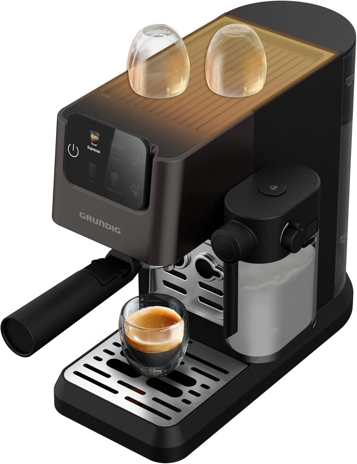 GRUNDIG KSM 5330 Espressomachine met ge?ntegreerd melkreservoir, 1628 W vermogen, 15 bar pompdruk, dubbele tuit, kleuren-touchscreen, BrewSense, CreamyPro, donker inox/zwart